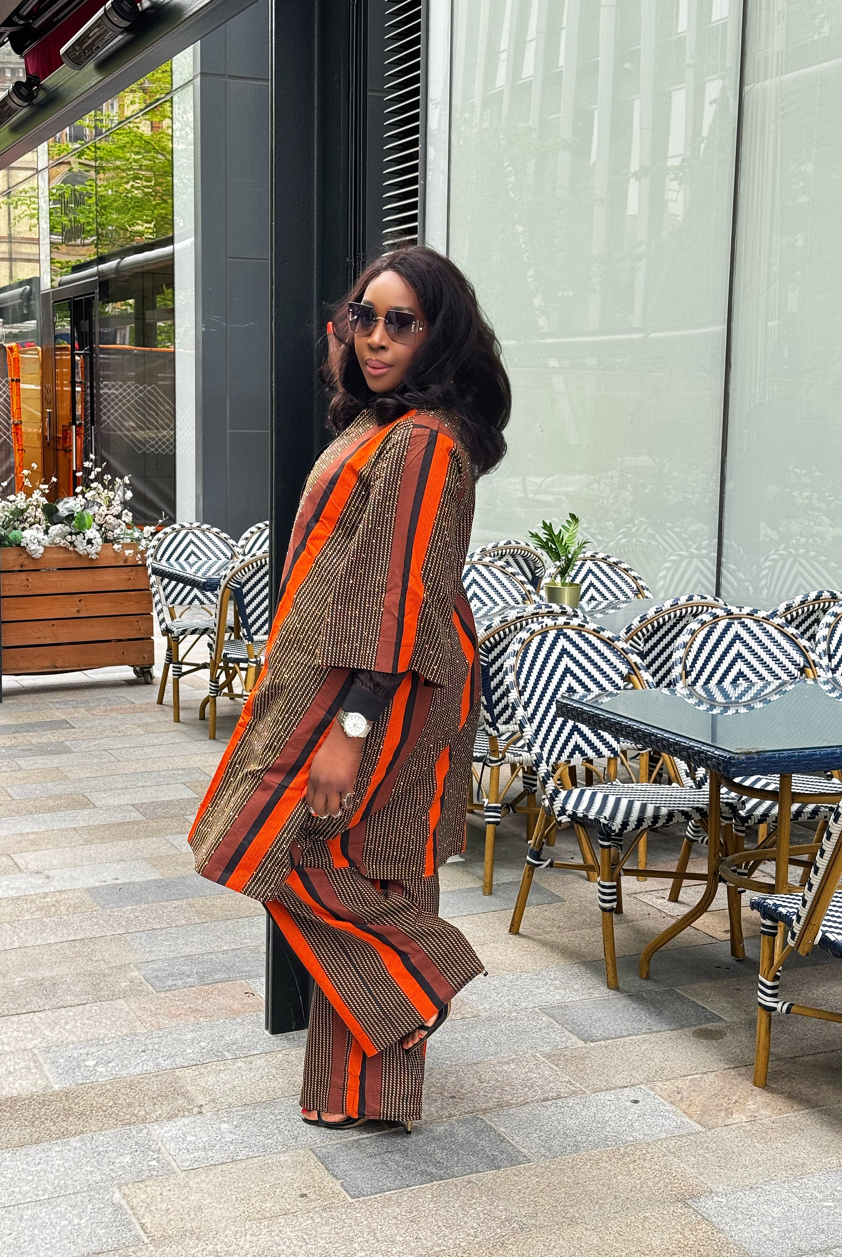 African Print outerwear | African print Jacket | Ankara kimono with headwrap| African Print Outerwear | Fall Fashion for African women | sustainable African Fashion | recycled African print clothing | Ethically sourced fashion | ethically sourced clothing | handmade clothing | African clothing for women | Ankara jacket | Tribal prints kimono | Floral African print clothing | Cotton Blazer | African print workwear | African clothing UK | Black-owned fashion brand | Kimono and Shorts set