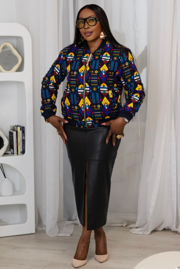 Reversible African Print Bomber Jacket with Denim on the inner reverse | African print Biker Jacket | Ankara print Bomber Jacket | African Print Outerwear | African Winter style for women | sustainable African Fashion | recycled African print clothing | Ethically sourced fashion | ethically sourced clothing | handmade clothing | African clothing for women | Ankara jacket | Tribal prints kimono | Floral African print clothing | Cotton Blazer | African print workwear | African clothing UK