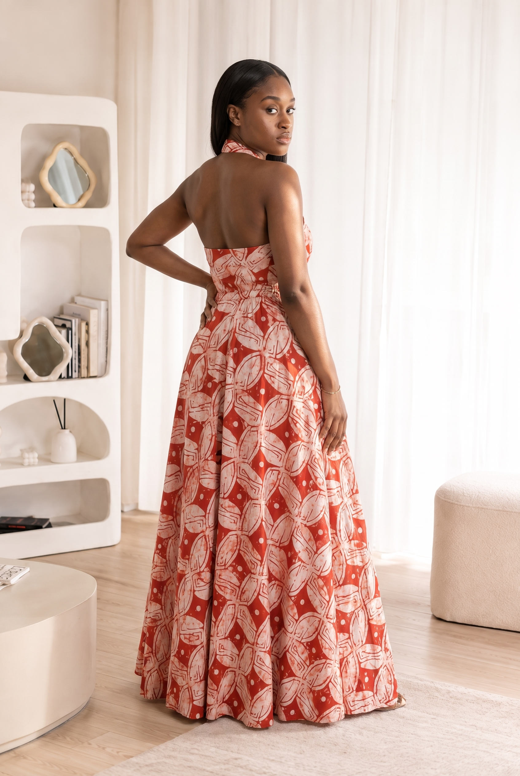 African Adire maxi dress, African print maxi dress UK, navy batik dress, halter maxi dress, African fashion UK, African wedding guest dress, luxury African clothing, contemporary African dress, cotton maxi dress with pockets, women's African clothing, CUMO London dress, African Adire clothing, elegant maxi dress, occasion dress UK, full skirt maxi dress. Kampala dresses, Adire outfits