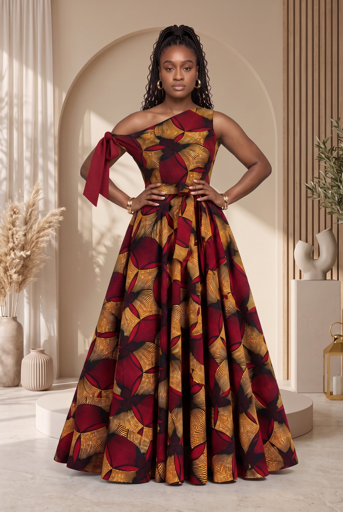 Asymmetric African Print Maxi dress perfect for any special occasion, African print maxi gown, plus size African fashion UK, puff sleeve maxi dress, colourful summer dress, statement occasion dress, luxury African clothing, vibrant maxi dress for women, African-inspired summer fashion, wedding guest dress UK, Celebrate Black History Month with Culture Dresses from CUMO London