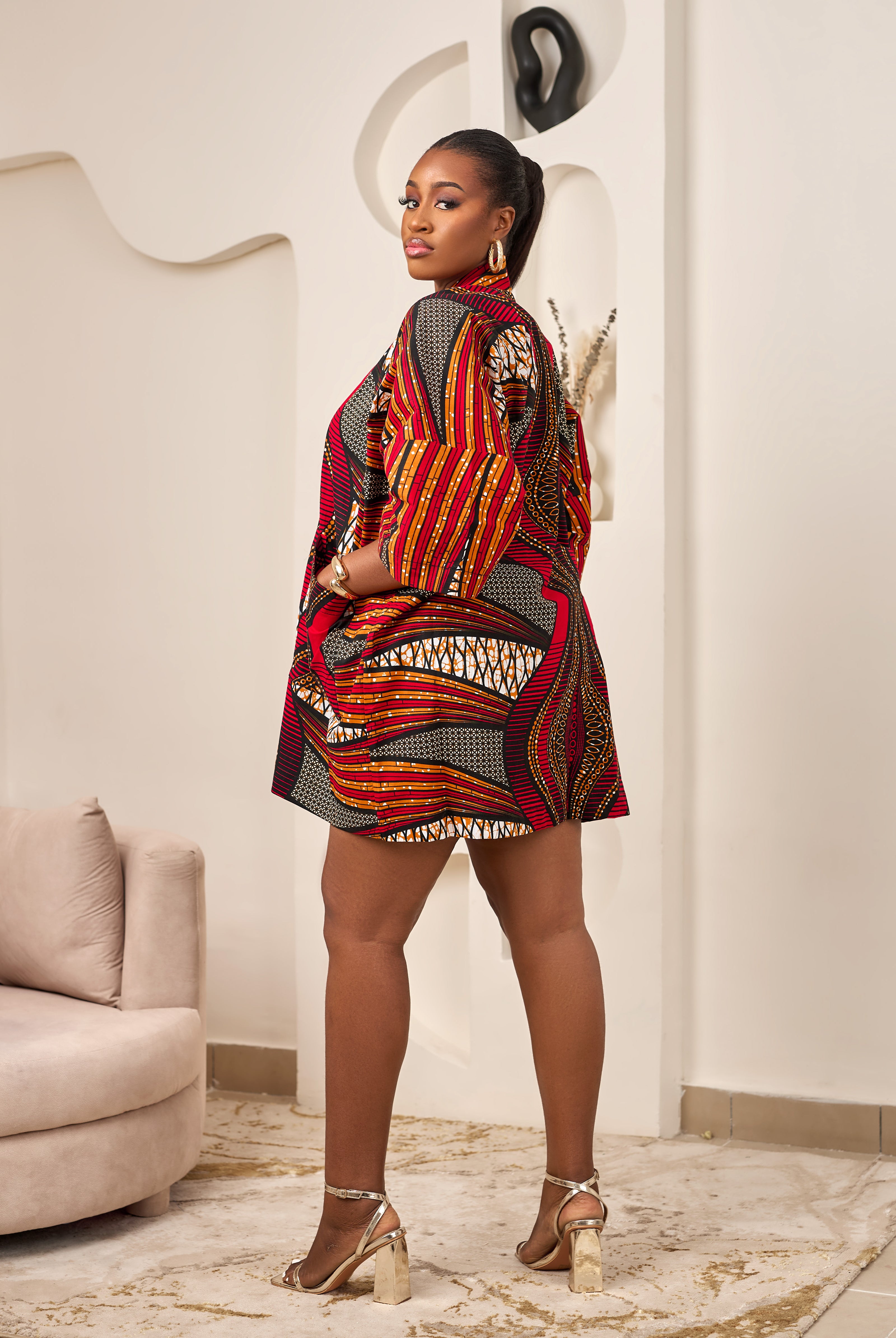 African Print outerwear | African print Jacket | Ankara kimono with headwrap| African Print Outerwear | Fall Fashion for African women | sustainable African Fashion | recycled African print clothing | Ethically sourced fashion | ethically sourced clothing | handmade clothing | African clothing for women | Ankara jacket | Tribal prints kimono | Floral African print clothing | Cotton Blazer | African print workwear | African clothing UK | Black-owned fashion brand | Kimono and Shorts set