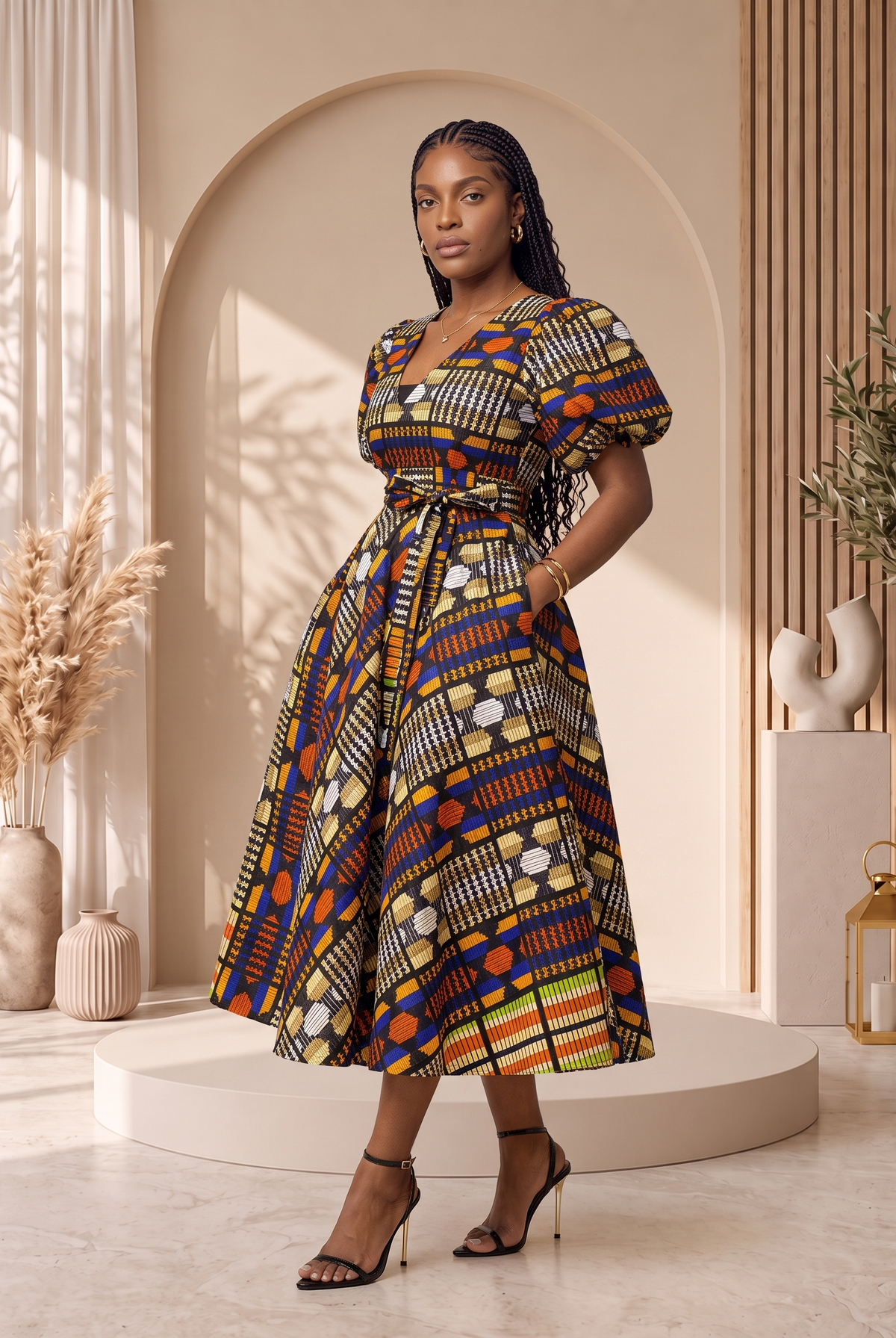 African print midi dress, African print dress UK, Ankara midi dress, puff sleeve African dress, African occasion dress, African wedding guest dress, fit and flare African dress, African wax print dress, contemporary African fashion, CUMO London dresses. A woman models a short puff-sleeve midi dress with a V-neck and a tied waist, featuring a vibrant multicolor geometric African wax print. She is standing in a styled studio setting with beige arches, wooden slats, and neutral decor.