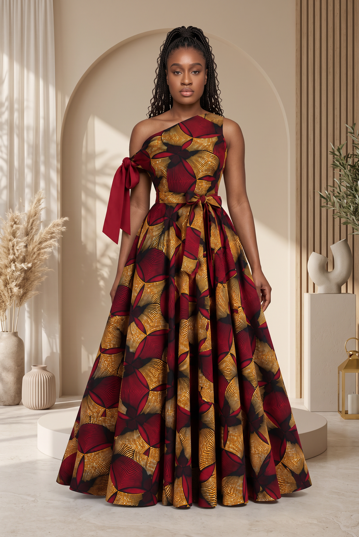 Asymmetric African Print Maxi dress perfect for any special occasion, African print maxi gown, plus size African fashion UK, puff sleeve maxi dress, colourful summer dress, statement occasion dress, luxury African clothing, vibrant maxi dress for women, African-inspired summer fashion, wedding guest dress UK, Celebrate Black History Month with Culture Dresses from CUMO London
