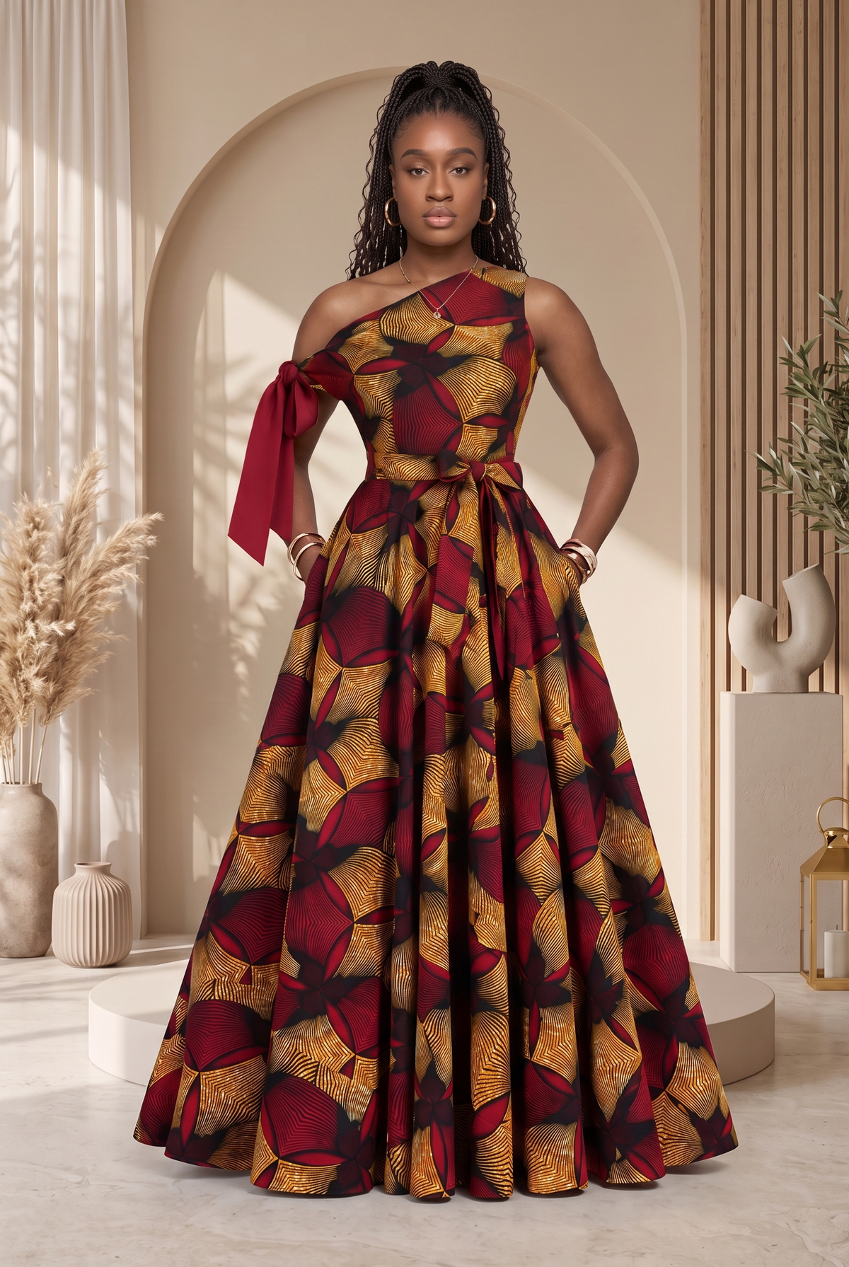 An African model wearing a floor-length off-the-shoulder gown with a bold abstract floral print in deep red, mustard yellow, and brown tones. Asymmetric African Print Maxi dress perfect for any special occasion, African print maxi gown, plus size African fashion UK, puff sleeve maxi dress, colourful summer dress, statement occasion dress, luxury African clothing, vibrant maxi dress for women, African-inspired summer fashion, wedding guest dress UK, Celebrate Black History Month with Culture Dresses