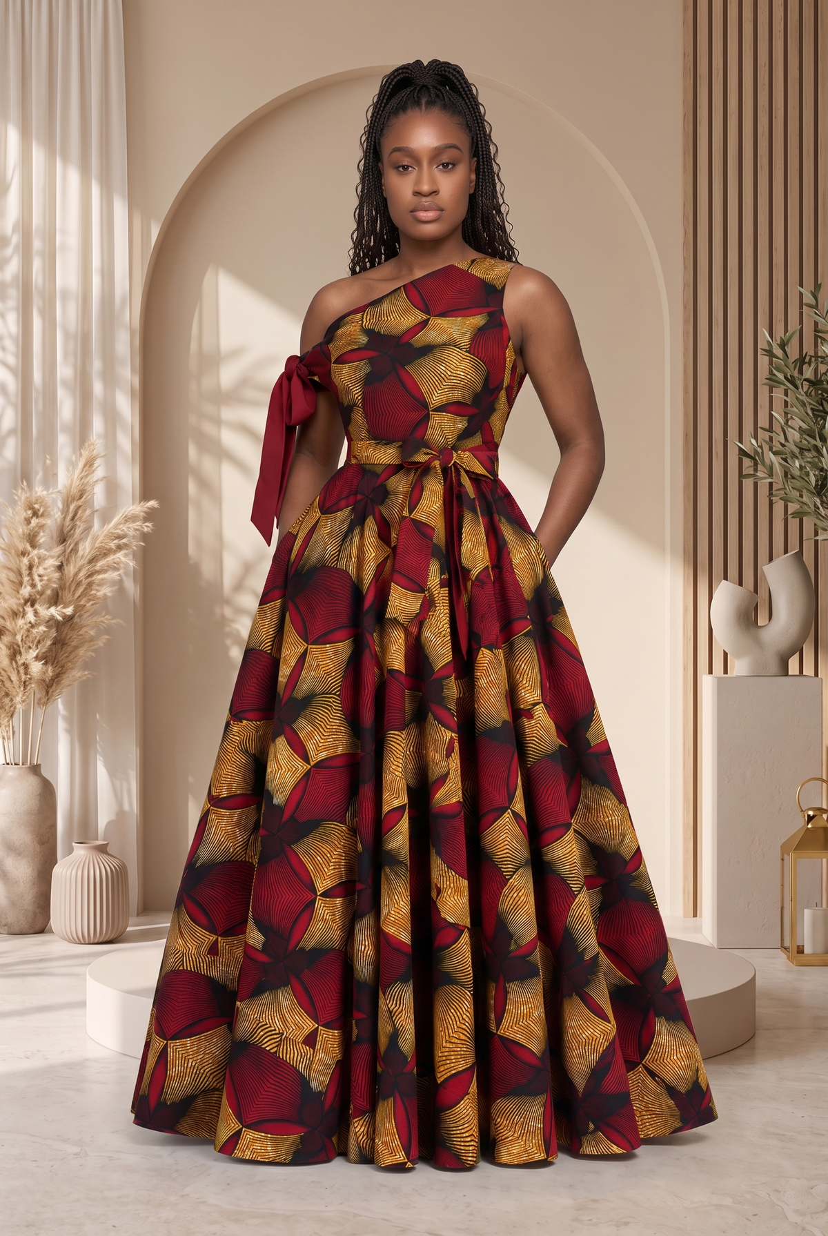 Asymmetric African Print Maxi dress perfect for any special occasion, African print maxi gown, plus size African fashion UK, puff sleeve maxi dress, colourful summer dress, statement occasion dress, luxury African clothing, vibrant maxi dress for women, African-inspired summer fashion, wedding guest dress UK, Celebrate Black History Month with Culture Dresses from CUMO London