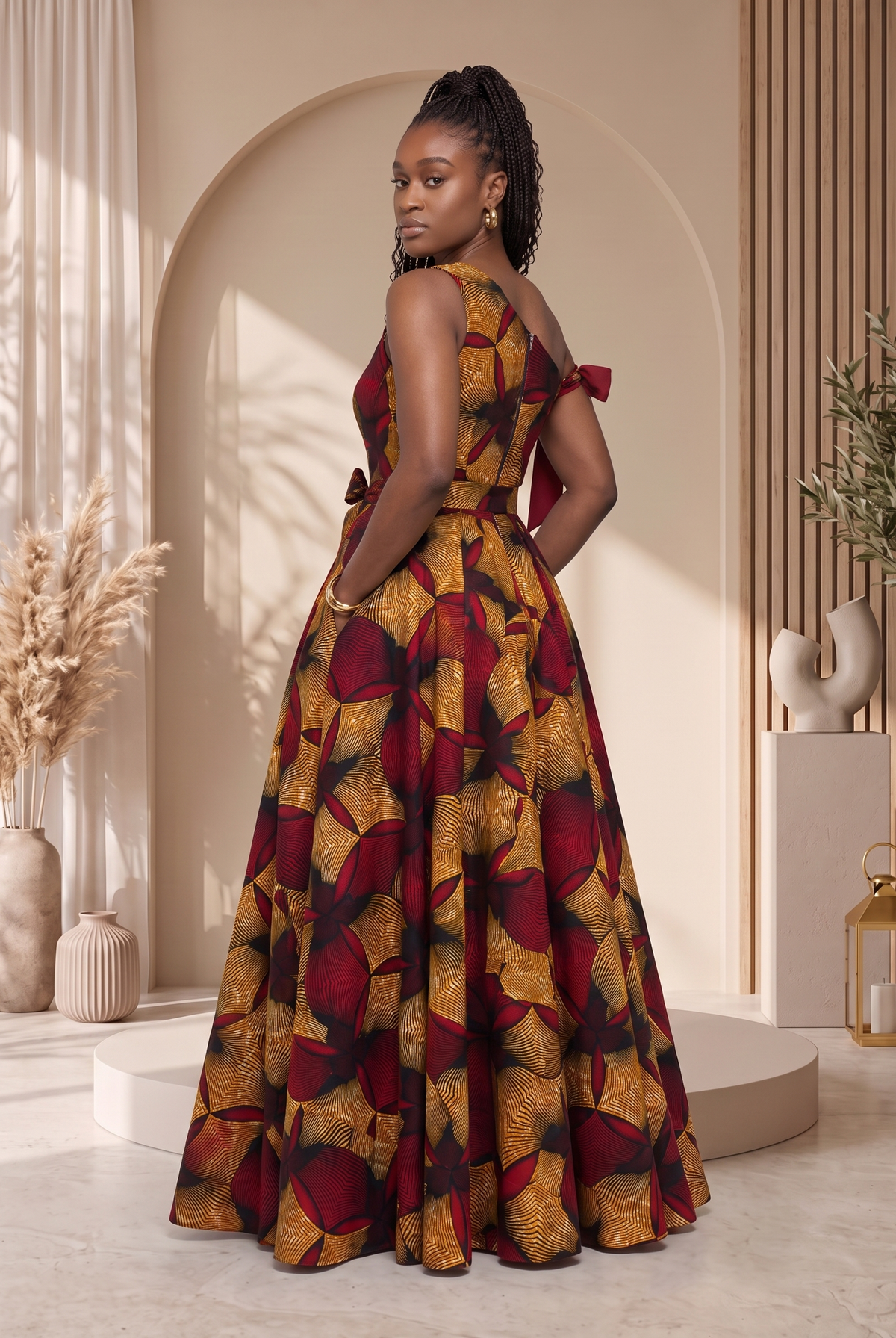 Asymmetric African Print Maxi dress perfect for any special occasion, African print maxi gown, plus size African fashion UK, puff sleeve maxi dress, colourful summer dress, statement occasion dress, luxury African clothing, vibrant maxi dress for women, African-inspired summer fashion, wedding guest dress UK, Celebrate Black History Month with Culture Dresses from CUMO London