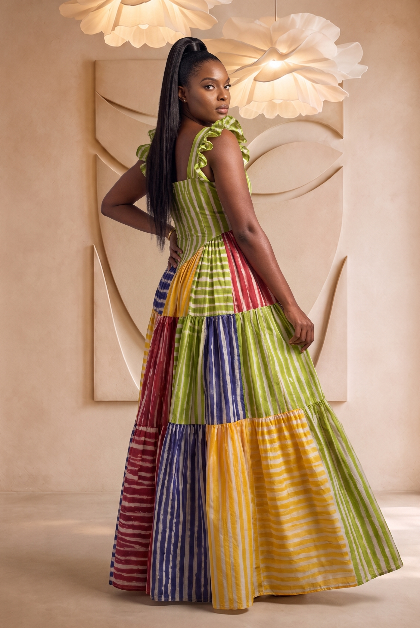 Woman wearing a colorful patchwork dress in an elegant indoor setting. African print maxi dress from CUMO London, trendy African clothing, summer outfits perfect for summer. Tiered maxi dress handmade with Adire