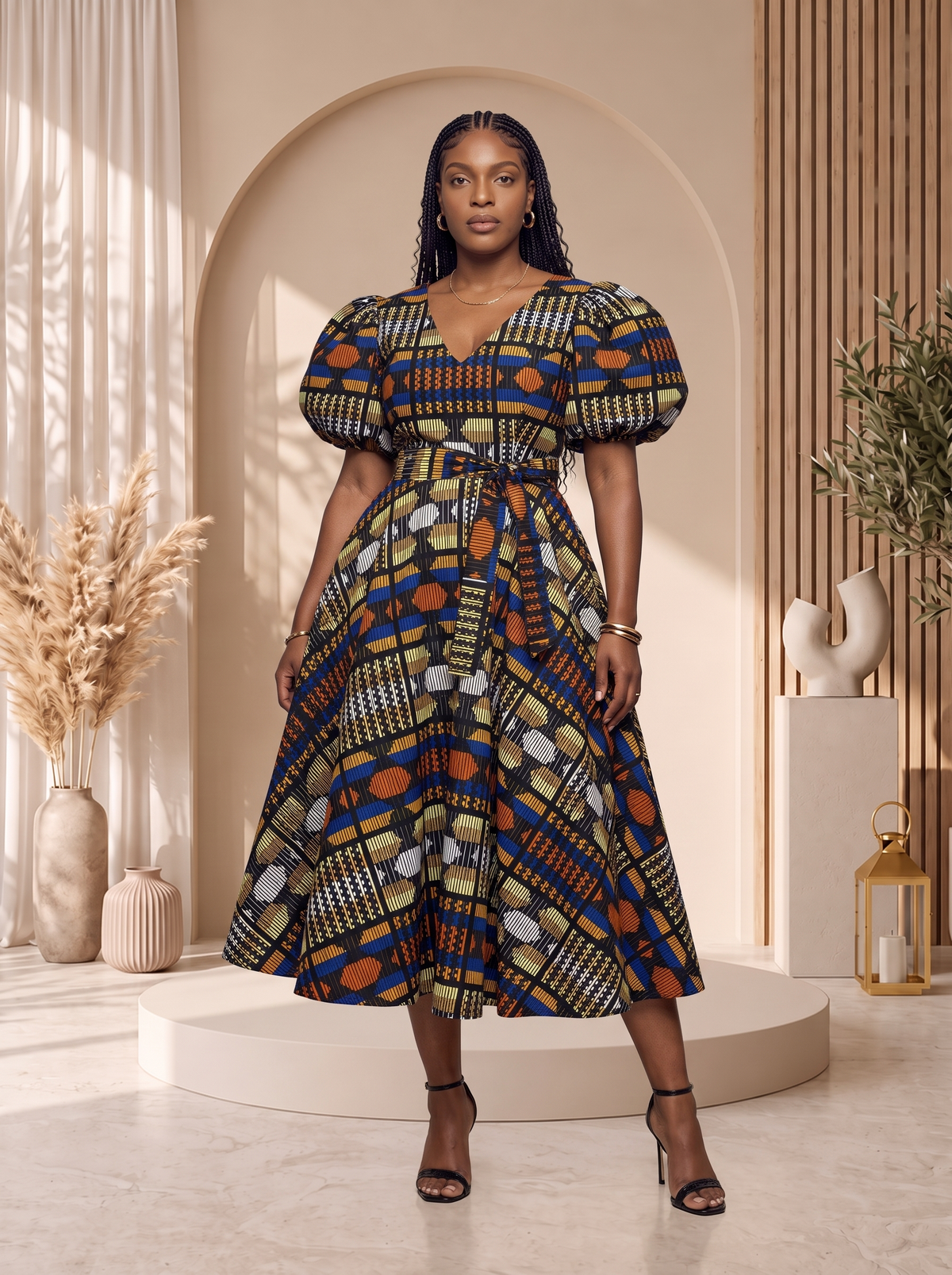 African print midi dress, African print dress UK, Ankara midi dress, puff sleeve African dress, African occasion dress, African wedding guest dress, fit and flare African dress, African wax print dress, contemporary African fashion, CUMO London dresses