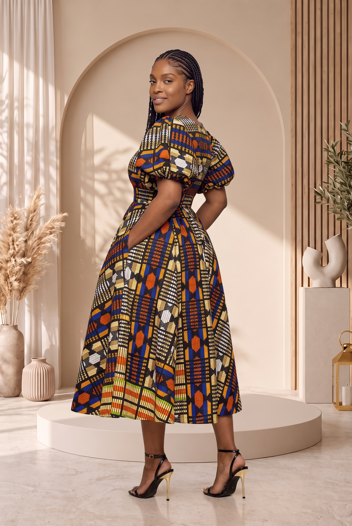 A woman modeling a short puff-sleeve midi dress with a vibrant multicolor African wax print, standing in a styled studio setting with beige arches and neutral decor. African print midi dress, African print dress UK, Ankara midi dress, puff sleeve African dress, African occasion dress, African wedding guest dress, fit and flare African dress, African wax print dress, contemporary African fashion, CUMO London dresses