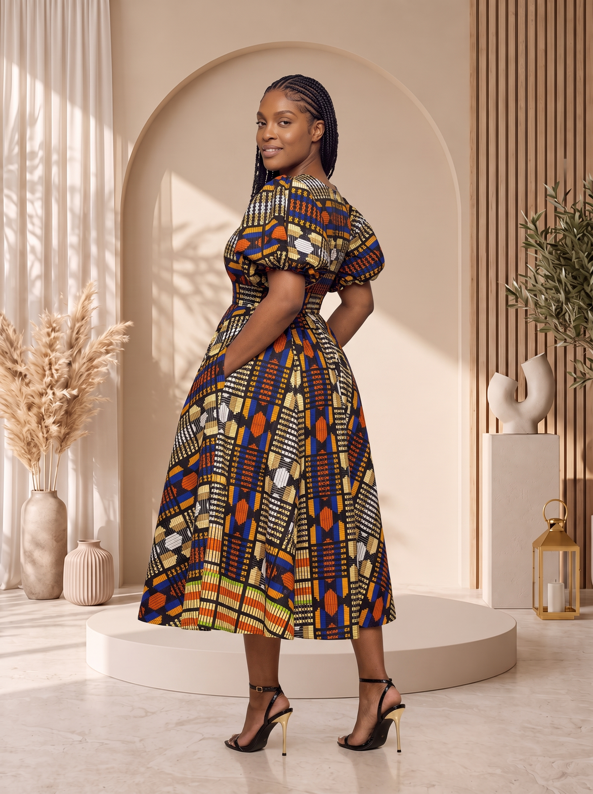 A woman modeling a short puff-sleeve midi dress with a vibrant multicolor African wax print, standing in a styled studio setting with beige arches and neutral decor. African print midi dress, African print dress UK, Ankara midi dress, puff sleeve African dress, African occasion dress, African wedding guest dress, fit and flare African dress, African wax print dress, contemporary African fashion, CUMO London dresses