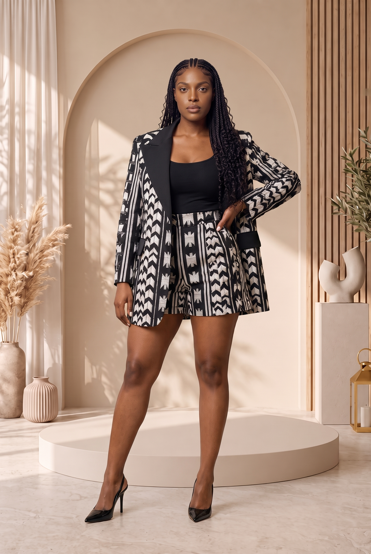 African print blazer, women’s African print blazer, Ankara blazer UK, black and white African print blazer, oversized African print blazer, African print jacket women, African print tailoring, African print blazer and shorts set, contemporary African fashion UK, CUMO London blazer.