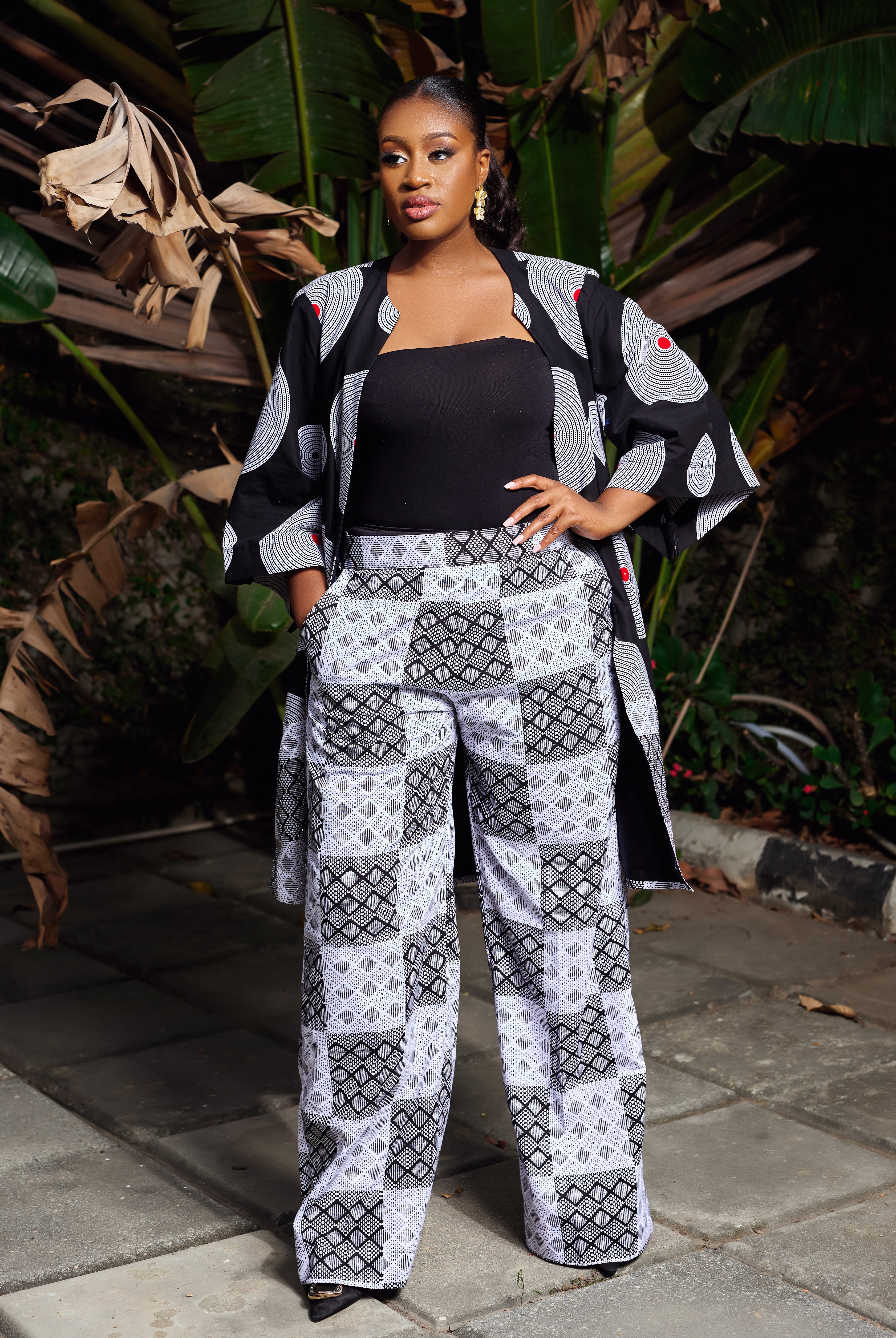 African Print outerwear | African print Jacket | Ankara kimono with headwrap| African Print Outerwear | Fall Fashion for African women | sustainable African Fashion | recycled African print clothing | Ethically sourced fashion | ethically sourced clothing | handmade clothing | African clothing for women | Ankara jacket | Tribal prints kimono | Floral African print clothing | Cotton Blazer | African print workwear | African clothing UK | Black-owned fashion brand | Kimono and Shorts set