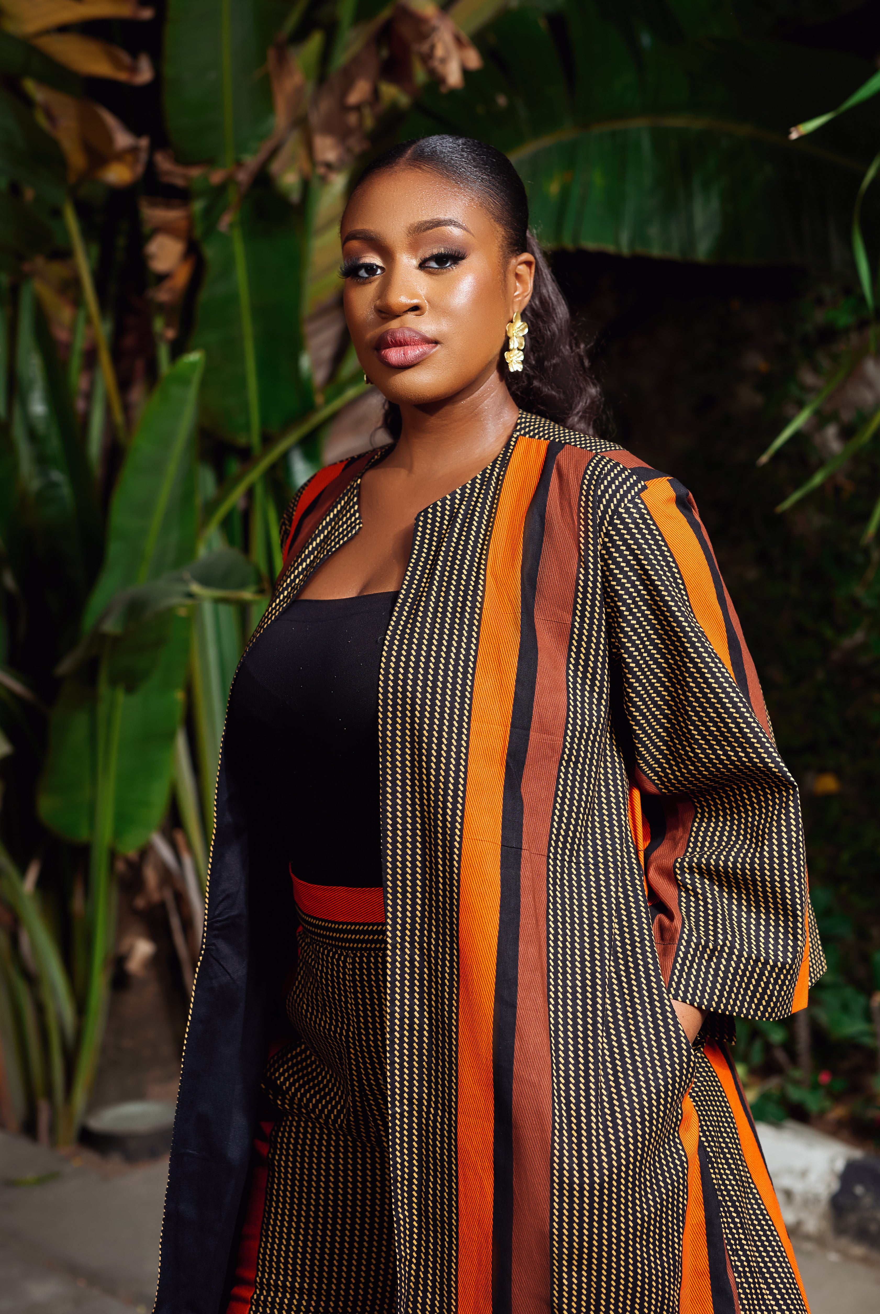 African Print outerwear | African print Jacket | Ankara kimono with headwrap| African Print Outerwear | Fall Fashion for African women | sustainable African Fashion | recycled African print clothing | Ethically sourced fashion | ethically sourced clothing | handmade clothing | African clothing for women | Ankara jacket | Tribal prints kimono | Floral African print clothing | Cotton Blazer | African print workwear | African clothing UK | Black-owned fashion brand | Kimono and Shorts set