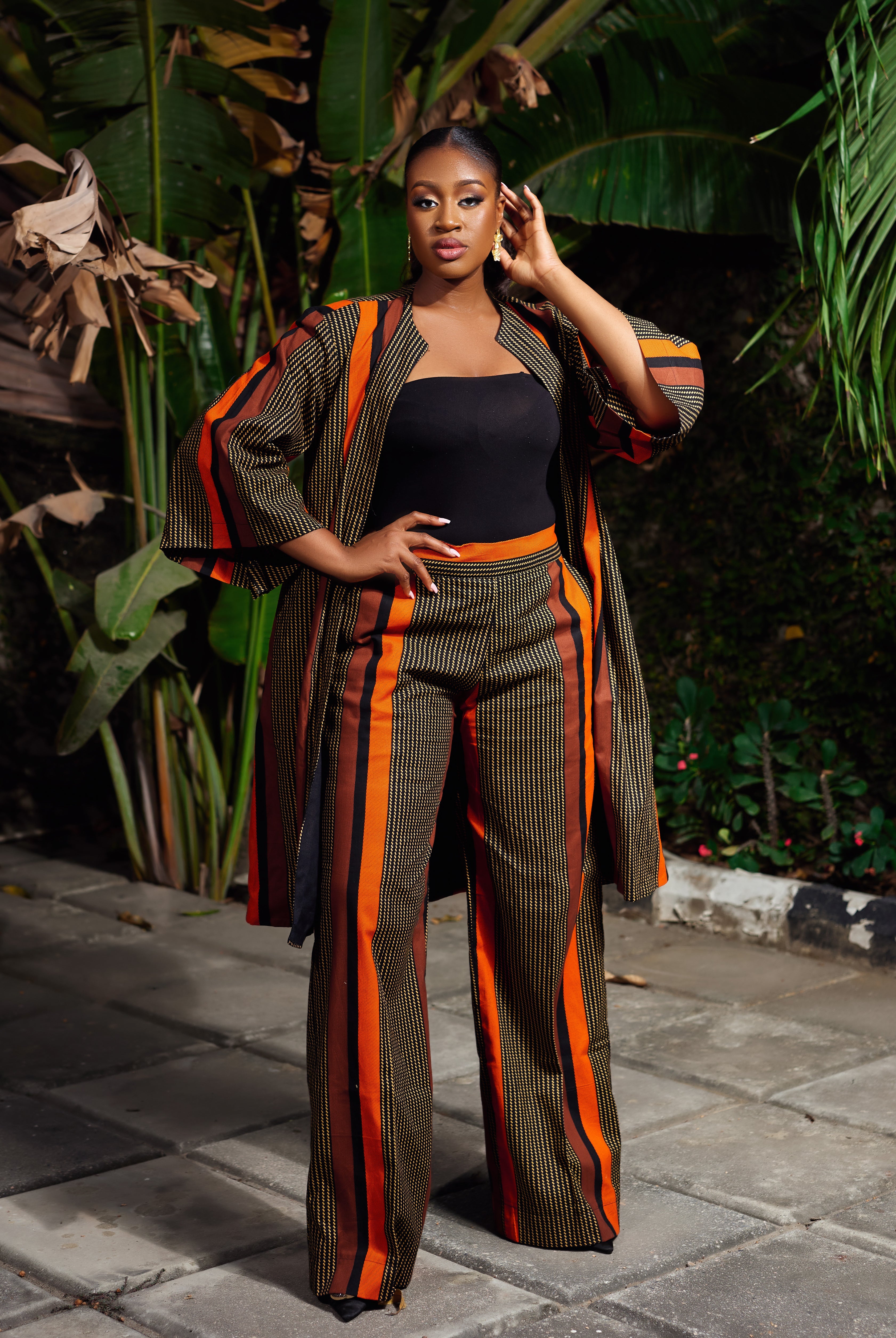 African Print outerwear | African print Jacket | Ankara kimono with headwrap| African Print Outerwear | Fall Fashion for African women | sustainable African Fashion | recycled African print clothing | Ethically sourced fashion | ethically sourced clothing | handmade clothing | African clothing for women | Ankara jacket | Tribal prints kimono | Floral African print clothing | Cotton Blazer | African print workwear | African clothing UK | Black-owned fashion brand | Kimono and Shorts set