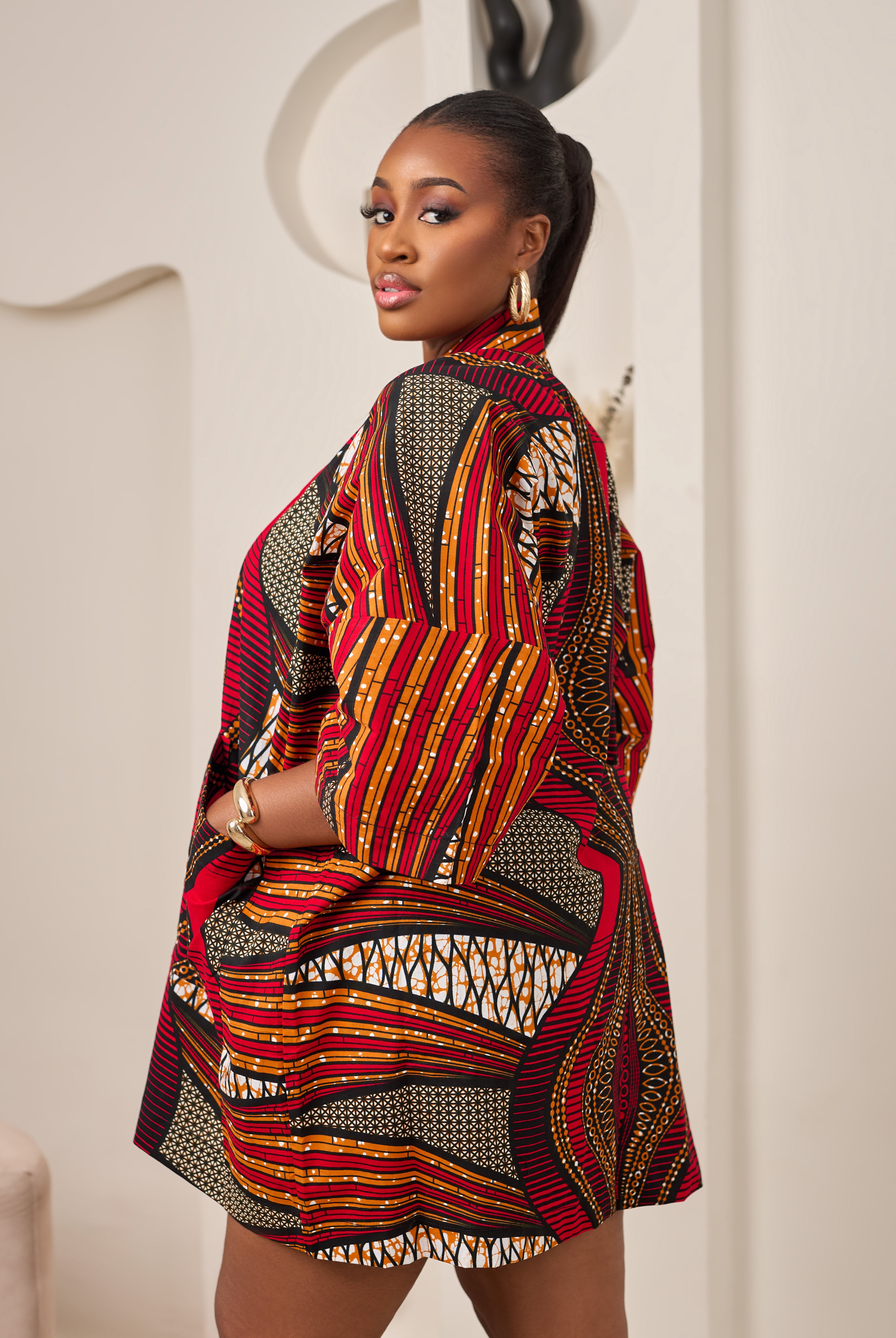 African Print outerwear | African print Jacket | Ankara kimono with headwrap| African Print Outerwear | Fall Fashion for African women | sustainable African Fashion | recycled African print clothing | Ethically sourced fashion | ethically sourced clothing | handmade clothing | African clothing for women | Ankara jacket | Tribal prints kimono | Floral African print clothing | Cotton Blazer | African print workwear | African clothing UK | Black-owned fashion brand | Kimono and Shorts set