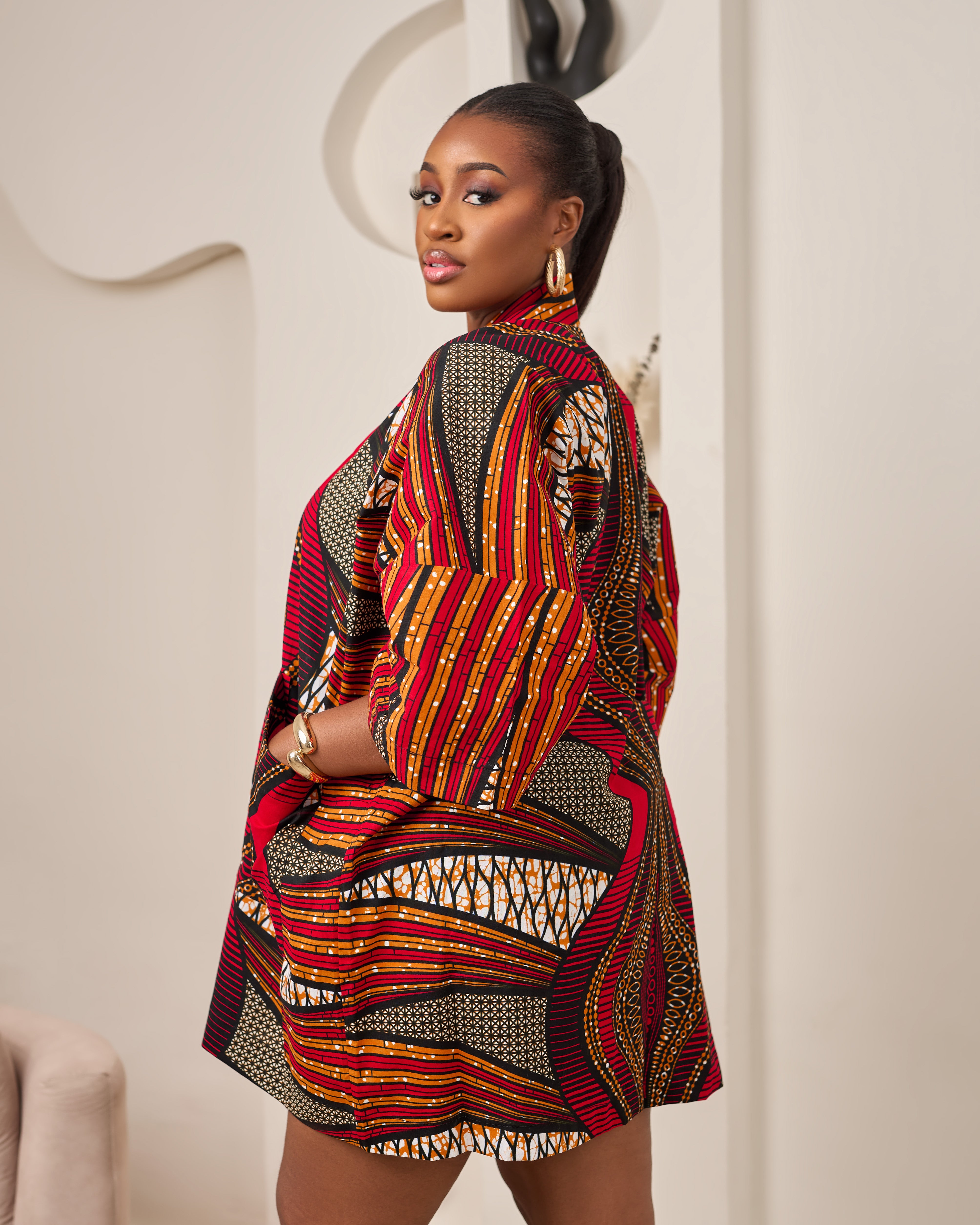 African Print outerwear | African print Jacket | Ankara kimono with headwrap| African Print Outerwear | Fall Fashion for African women | sustainable African Fashion | recycled African print clothing | Ethically sourced fashion | ethically sourced clothing | handmade clothing | African clothing for women | Ankara jacket | Tribal prints kimono | Floral African print clothing | Cotton Blazer | African print workwear | African clothing UK | Black-owned fashion brand | Kimono and Shorts set