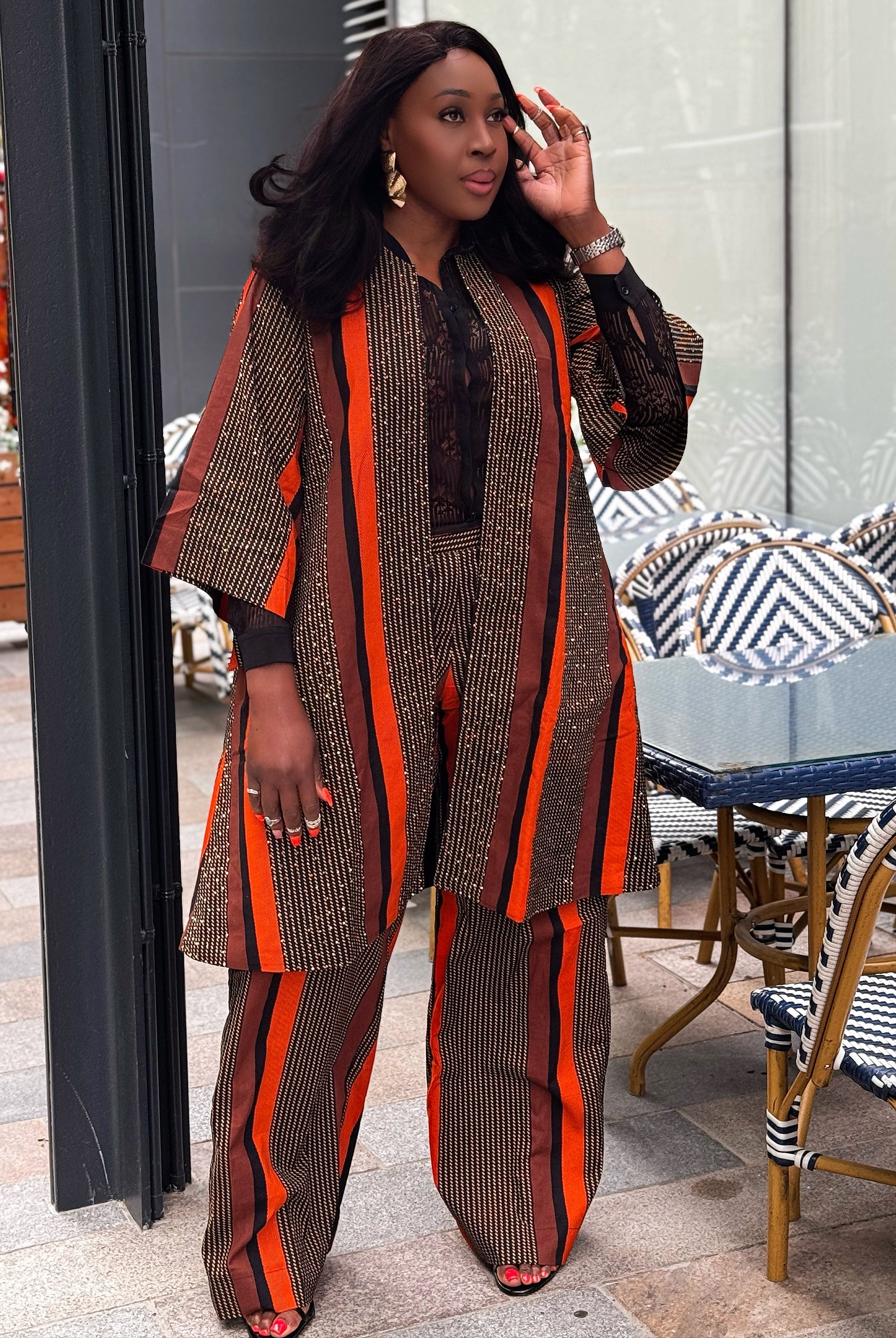 African Print outerwear | African print Jacket | Ankara kimono with headwrap| African Print Outerwear | Fall Fashion for African women | sustainable African Fashion | recycled African print clothing | Ethically sourced fashion | ethically sourced clothing | handmade clothing | African clothing for women | Ankara jacket | Tribal prints kimono | Floral African print clothing | Cotton Blazer | African print workwear | African clothing UK | Black-owned fashion brand | Kimono and Shorts set