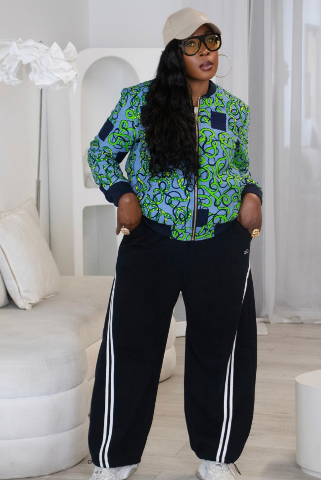 Reversible African Print Bomber Jacket with Denim on the inner reverse | African print Biker Jacket | Ankara print Bomber Jacket | African Print Outerwear | African Winter style for women | sustainable African Fashion | recycled African print clothing | Ethically sourced fashion | ethically sourced clothing | handmade clothing | African clothing for women | Ankara jacket | Tribal prints kimono | Floral African print clothing | Cotton Blazer | African print workwear | African clothing UK