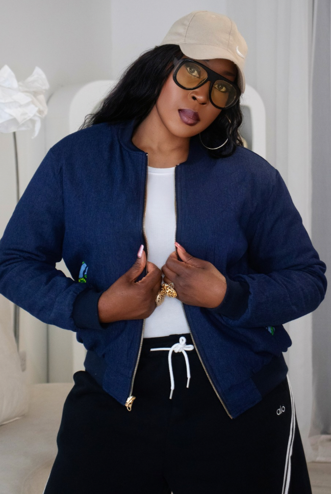 Reversible African Print Bomber Jacket with Denim on the inner reverse | African print Biker Jacket | Ankara print Bomber Jacket | African Print Outerwear | African Winter style for women | sustainable African Fashion | recycled African print clothing | Ethically sourced fashion | ethically sourced clothing | handmade clothing | African clothing for women | Ankara jacket | Tribal prints kimono | Floral African print clothing | Cotton Blazer | African print workwear | African clothing UK