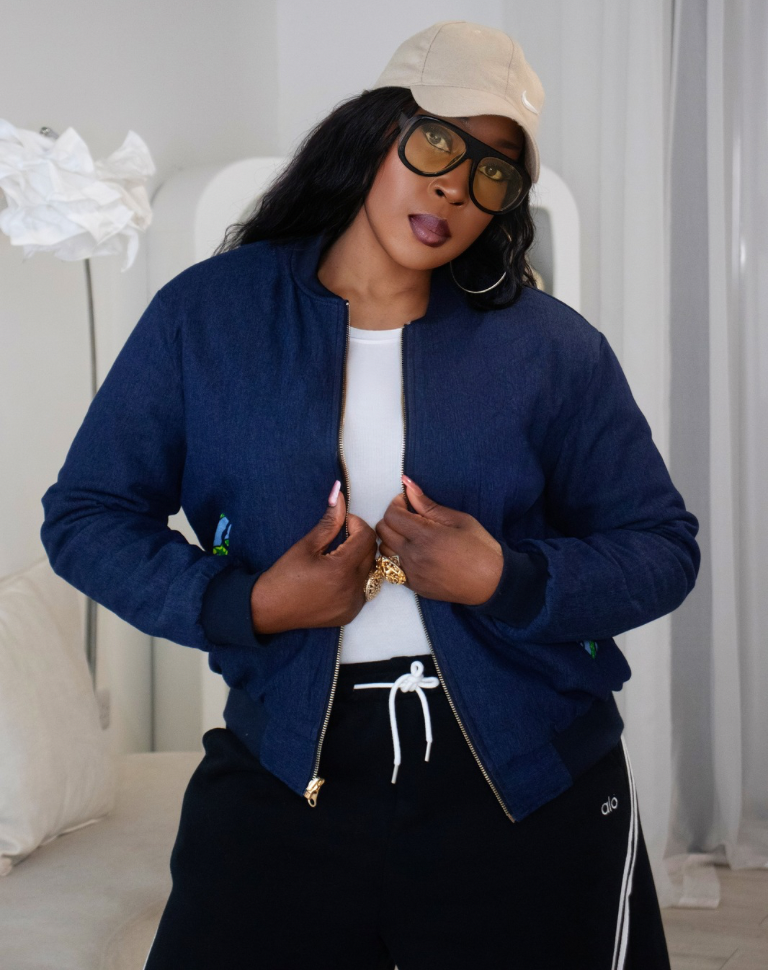 Reversible African Print Bomber Jacket with Denim on the inner reverse | African print Biker Jacket | Ankara print Bomber Jacket | African Print Outerwear | African Winter style for women | sustainable African Fashion | recycled African print clothing | Ethically sourced fashion | ethically sourced clothing | handmade clothing | African clothing for women | Ankara jacket | Tribal prints kimono | Floral African print clothing | Cotton Blazer | African print workwear | African clothing UK