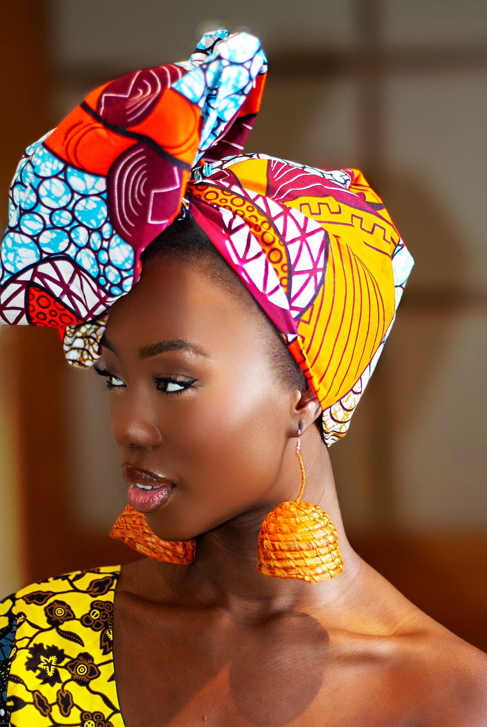 African Print headwrap| Ankara headwrap | African piece bandana | Ankara headpiece | African headband | Ankara headband | African print scarf | African scarf | Ankara cotton scarf | Ankara bandana | African headgear | African headpiece | Gele | Rattan Earring | Rattan drop earring | African style giftset | African inspired gift items | African accessories | Ankara accessories | Kente accessories |African Clothing from CUMO LONDON