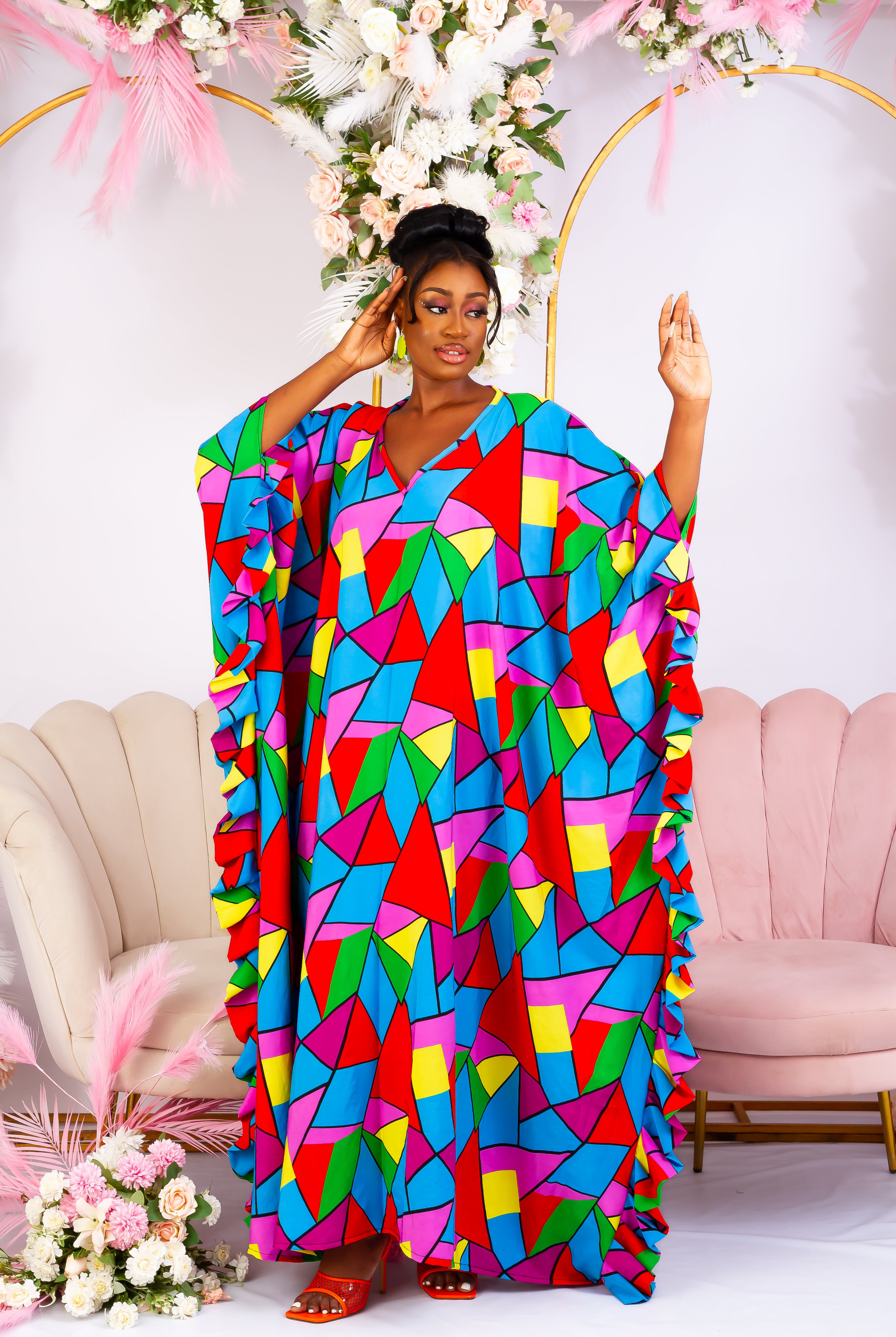 Shop African inspired clothing, African boubou, bubu, Maxi  Kaftan, African crepe gown, this long bubu kaftan for women  is handmade with multicoloured crepe fabric. V neckline with frill sleeves.