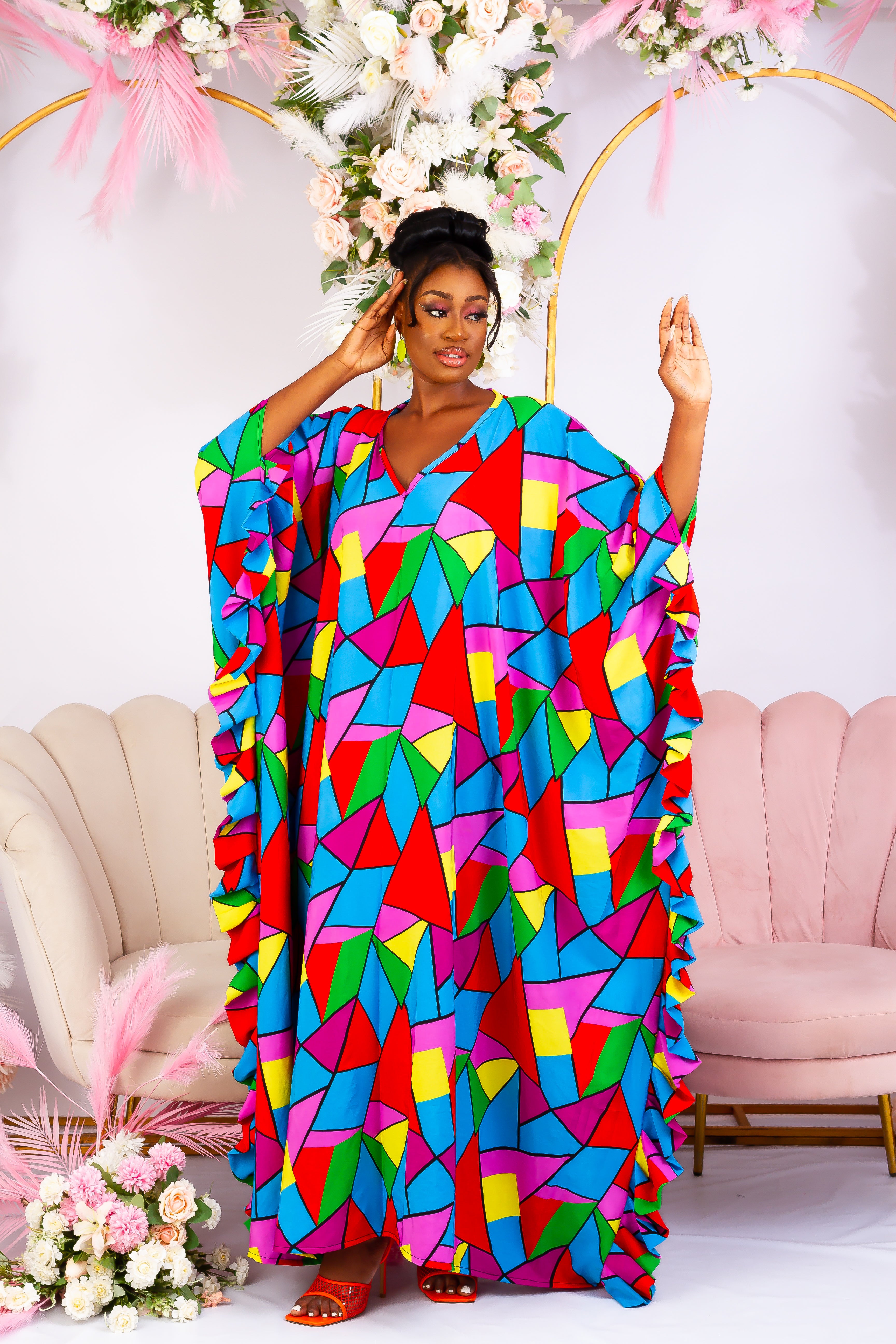 Shop African inspired clothing, African boubou, bubu, Maxi Kaftan, African crepe gown, this long bubu kaftan for women is handmade with multicoloured crepe fabric. V neckline with frill sleeves.