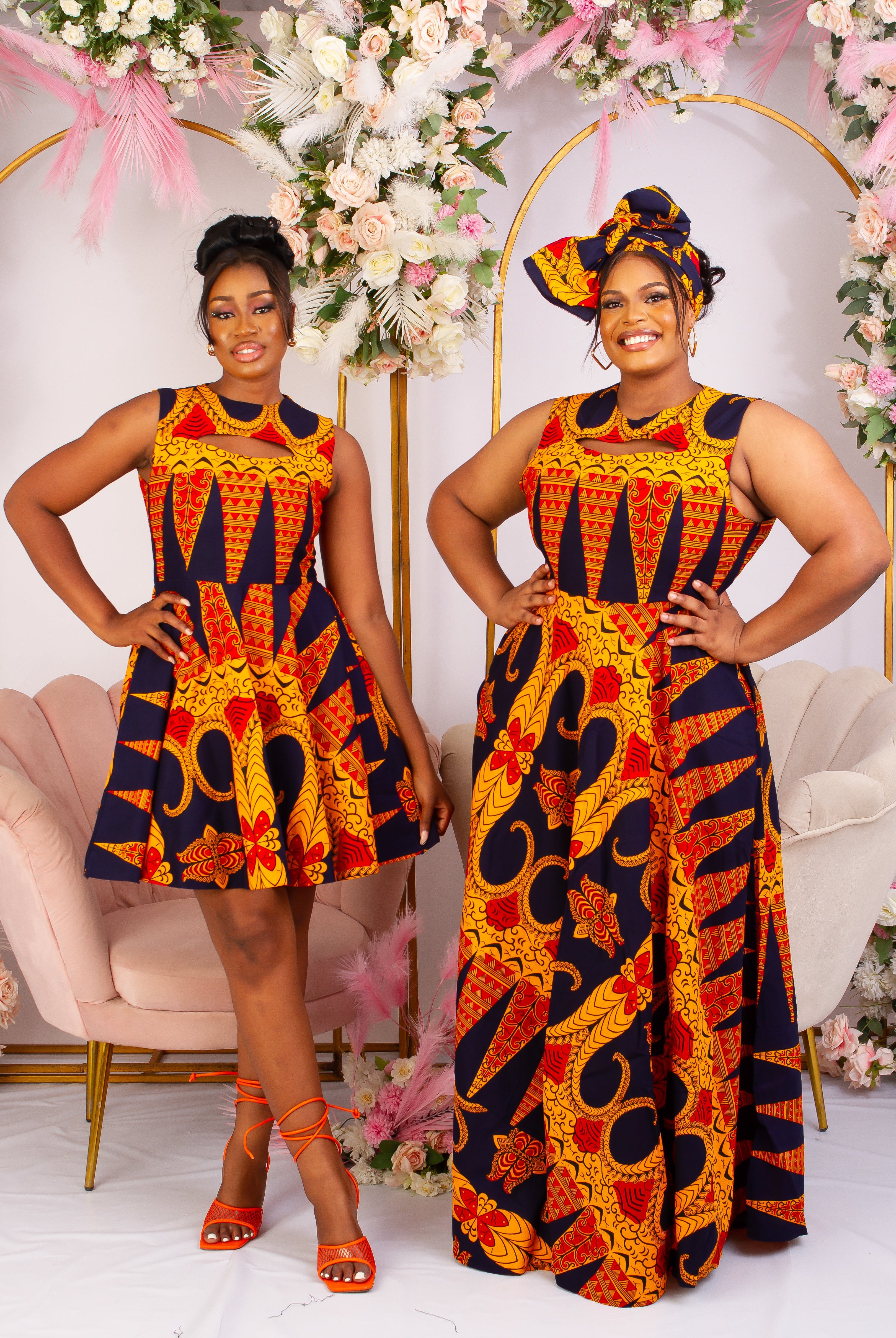 Vibrant Yellow and Navy Blue African Print flare maxi dress perfect for a special occasion. Sleeveless with bust cut out for an edgy and chic look. Shop Ghana African print dress | African maxi dresses | African print gown | African Clothing Online Shop | Maxi African dress | African women's clothing | kitenge dresses | Africa Dresses for Women | African dresses for wedding | Danshiki Dress | Trendy African Dress | African clothing UK