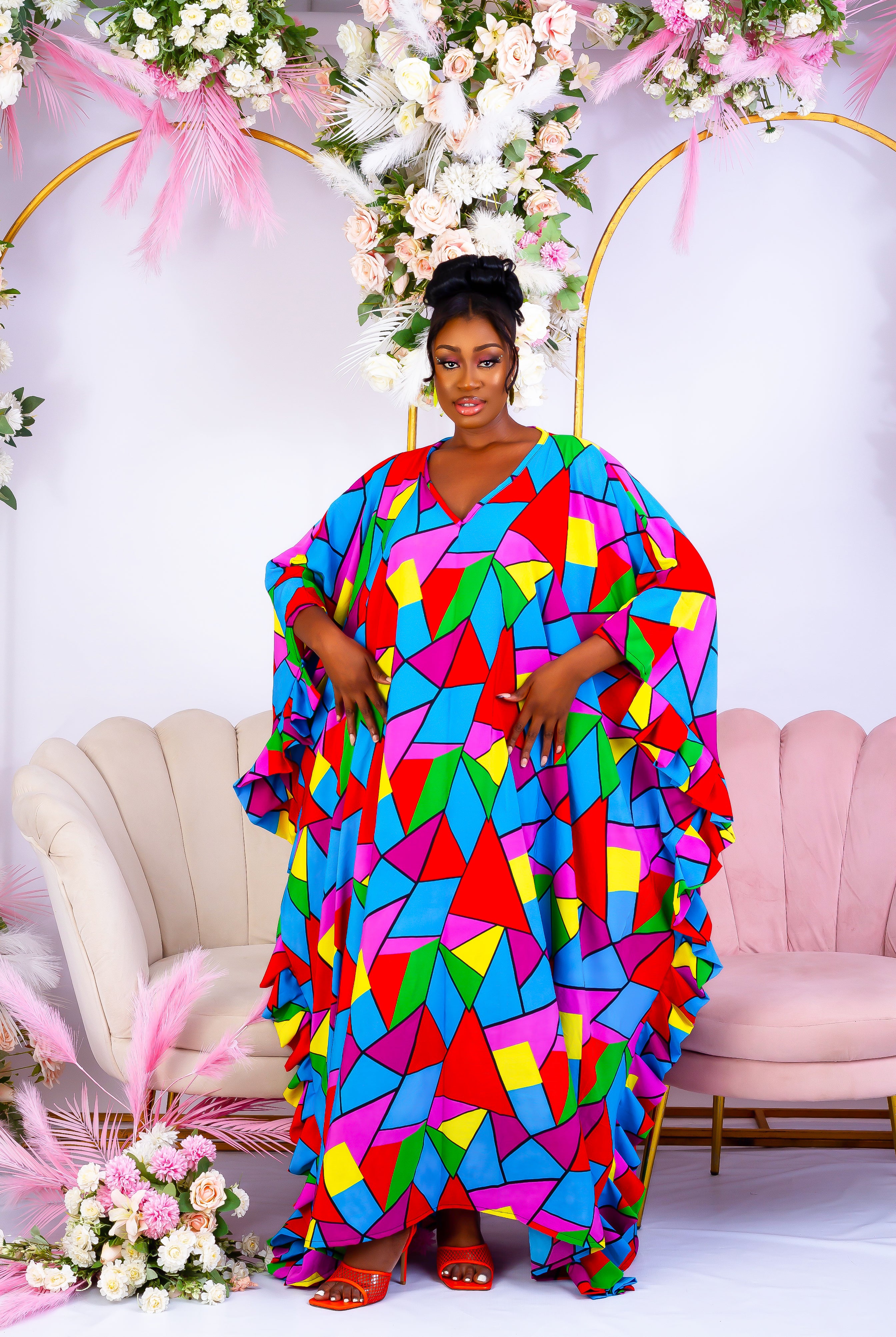 Shop African inspired clothing, African boubou, bubu, Maxi  Kaftan, African crepe gown, this long bubu kaftan for women  is handmade with multicoloured crepe fabric. V neckline with frill sleeves.