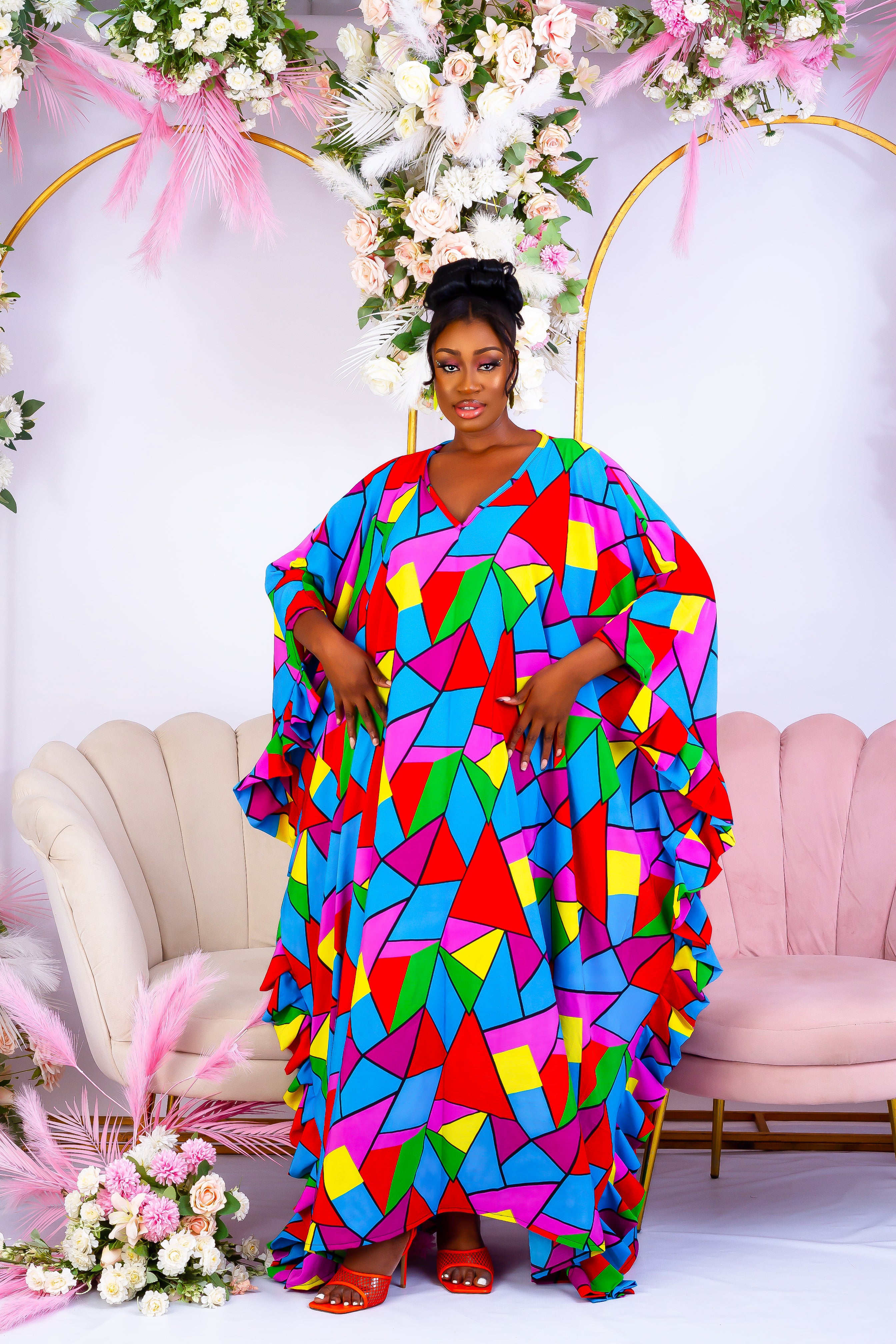 Shop African inspired clothing, African boubou, bubu, Maxi Kaftan, African crepe gown, this long bubu kaftan for women is handmade with multicoloured crepe fabric. V neckline with frill sleeves.