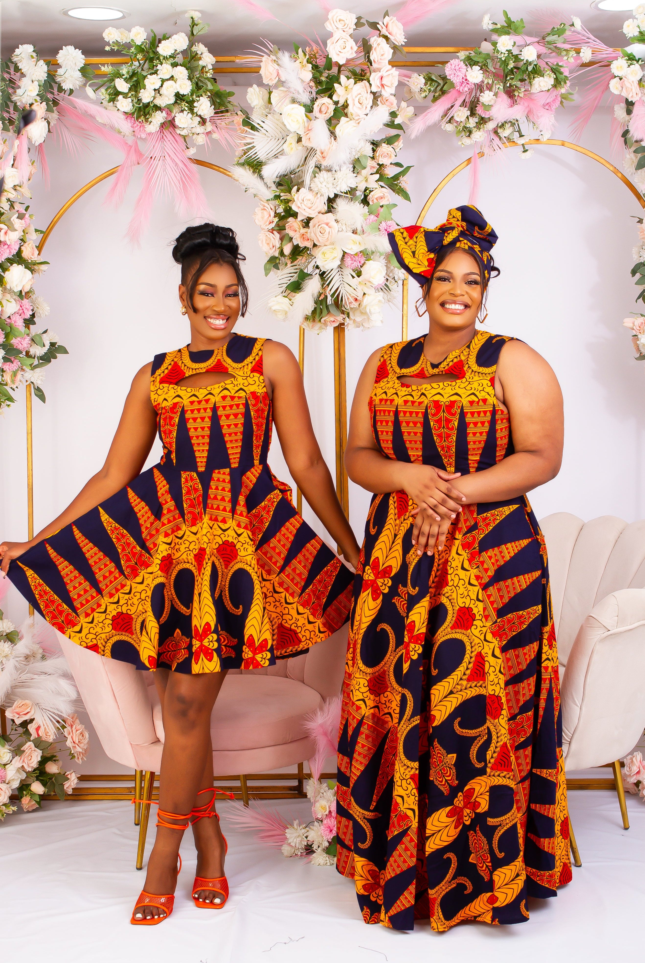 Vibrant Yellow and Navy Blue African Print flare maxi dress perfect for a special occasion. Sleeveless with bust cut out for an edgy and chic look. Shop Ghana African print dress | African maxi dresses | African print gown | African Clothing Online Shop | Maxi African dress | African women's clothing | kitenge dresses | Africa Dresses for Women | African dresses for wedding | Danshiki Dress | Trendy African Dress | African clothing UK