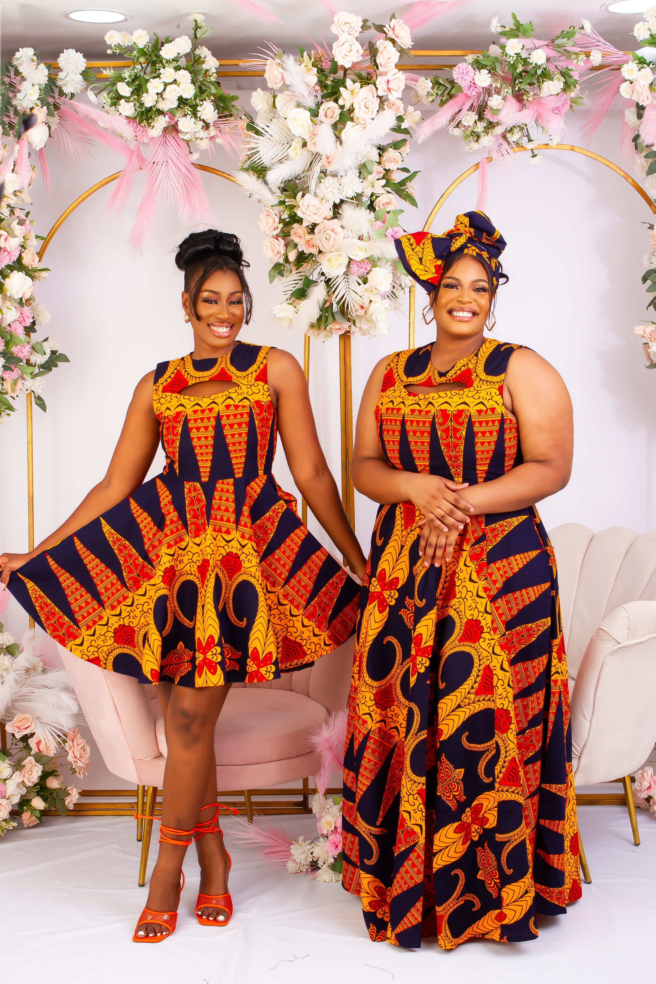 Vibrant Yellow and Navy Blue African Print flare maxi dress perfect for a special occasion. Sleeveless with bust cut out for an edgy and chic look. Shop Ghana African print dress | African maxi dresses | African print gown | African Clothing Online Shop | Maxi African dress | African women's clothing | kitenge dresses | Africa Dresses for Women | African dresses for wedding | Danshiki Dress | Trendy African Dress | African clothing UK