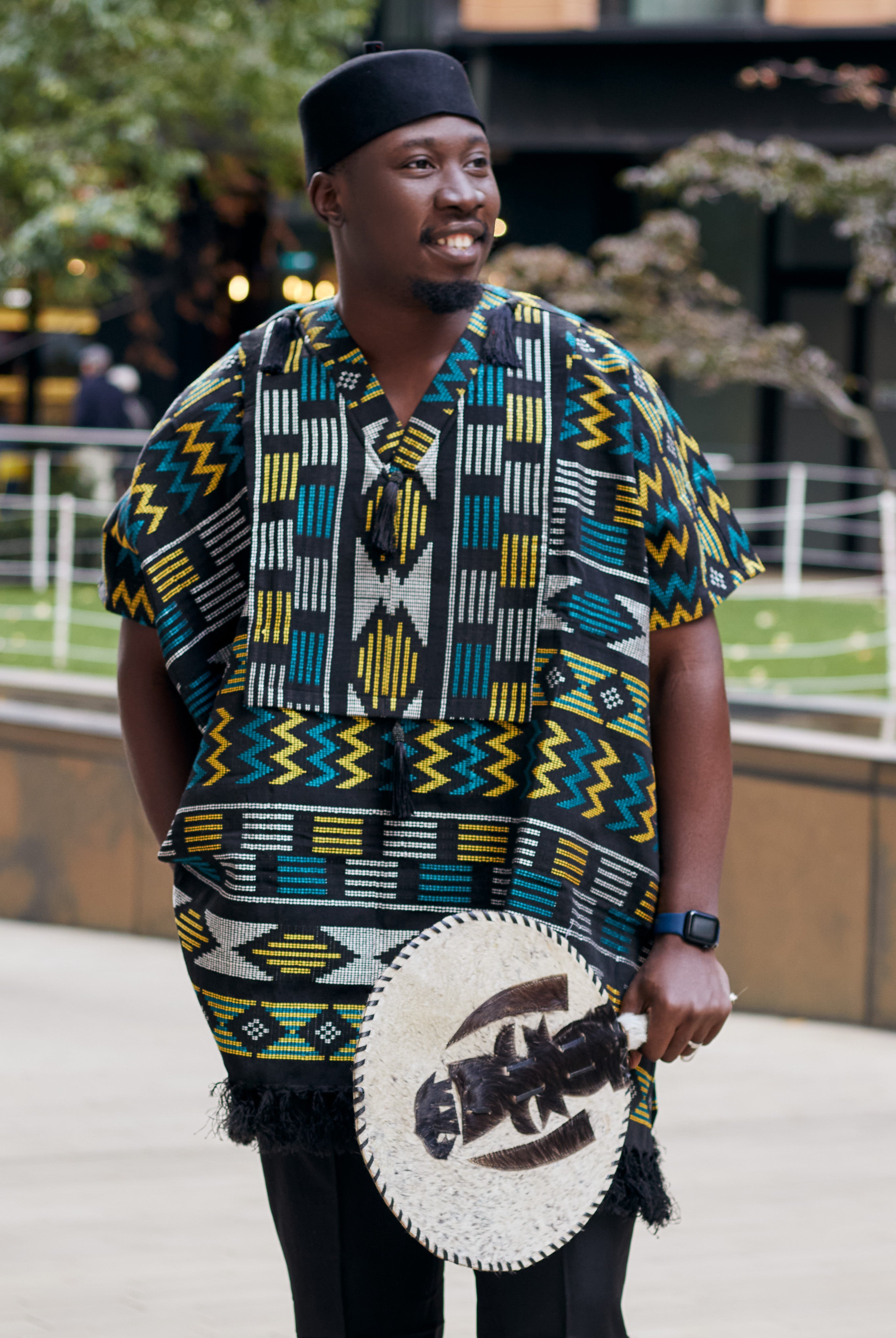 Front view of Model wearing men’s Akwete kaftans in rich woven designs, perfect for weddings, cultural events, and stylish traditional African menswear.