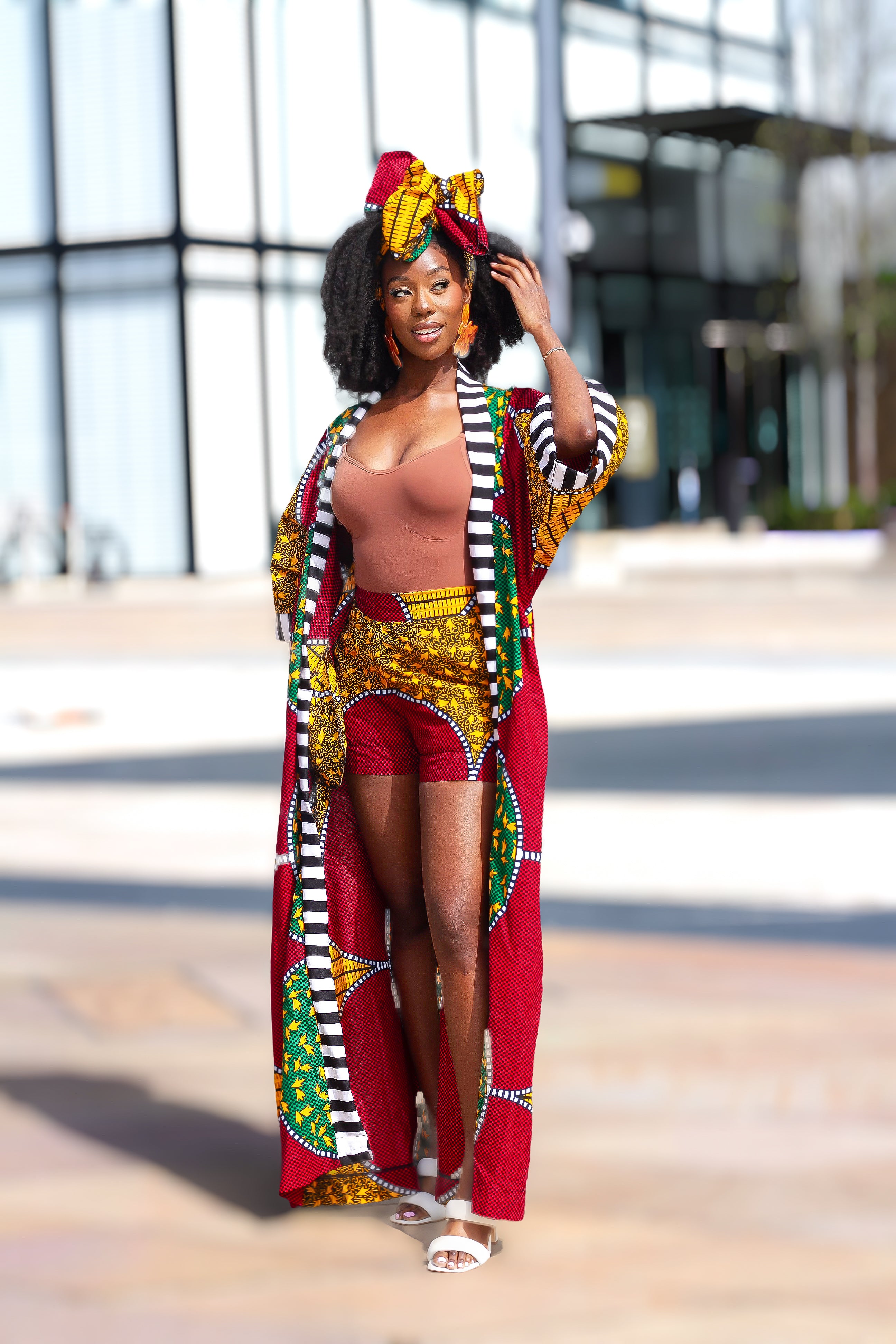 African Print outerwear | African print Jacket | Ankara kimono with headwrap| African Print Outerwear | Fall Fashion for African women | sustainable African Fashion | recycled African print clothing | Ethically sourced fashion | ethically sourced clothing | handmade clothing | African clothing for women | Ankara jacket | Tribal prints kimono | Floral African print clothing | Cotton Blazer | African print workwear | African clothing UK | Black-owned fashion brand | Kimono and Shorts set