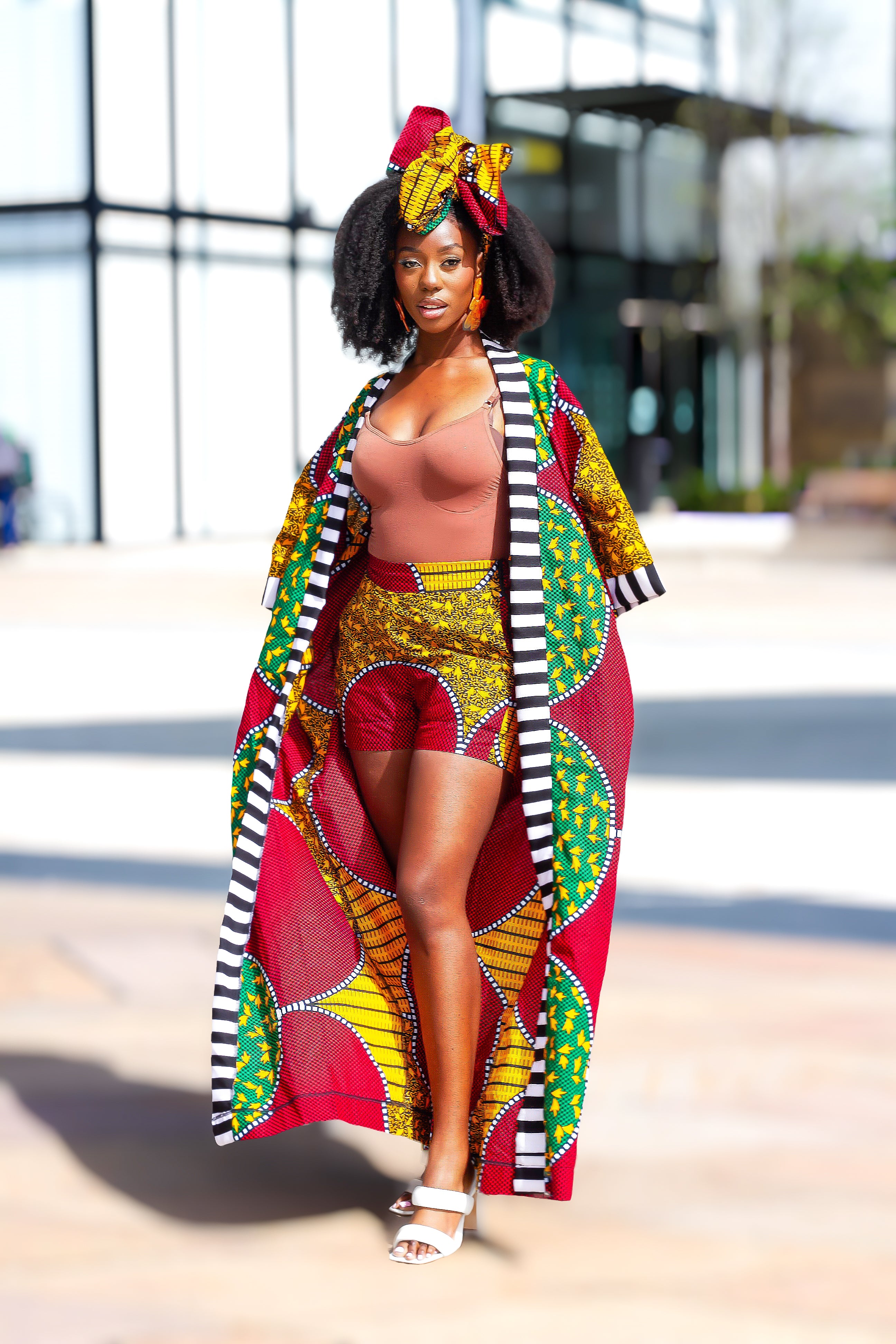 African Print outerwear | African print Jacket | Ankara kimono with headwrap| African Print Outerwear | Fall Fashion for African women | sustainable African Fashion | recycled African print clothing | Ethically sourced fashion | ethically sourced clothing | handmade clothing | African clothing for women | Ankara jacket | Tribal prints kimono | Floral African print clothing | Cotton Blazer | African print workwear | African clothing UK | Black-owned fashion brand | Kimono and Shorts set