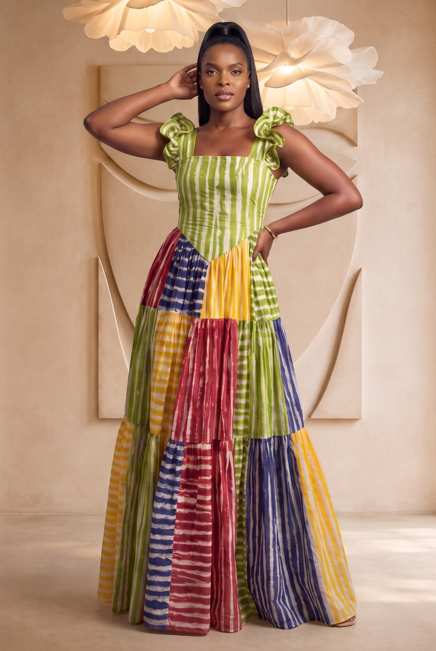 Woman wearing a colorful patchwork dress in an elegant indoor setting. African print maxi dress from CUMO London, trendy African clothing, summer outfits perfect for summer. Tiered maxi dress handmade with Adire