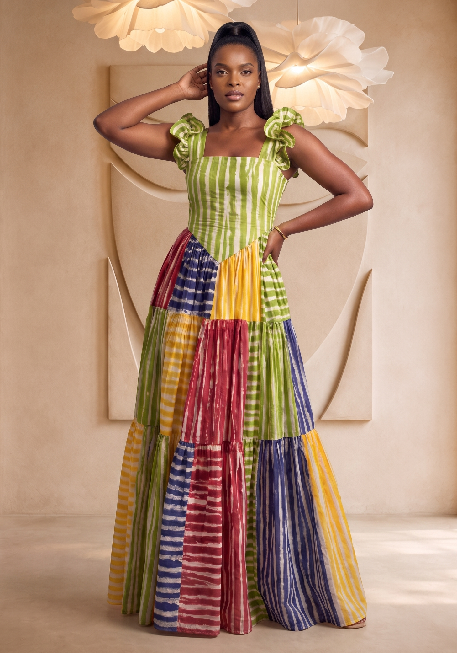 Woman wearing a colorful patchwork dress in an elegant indoor setting. African print maxi dress from CUMO London, trendy African clothing, summer outfits perfect for summer. Tiered maxi dress handmade with Adire