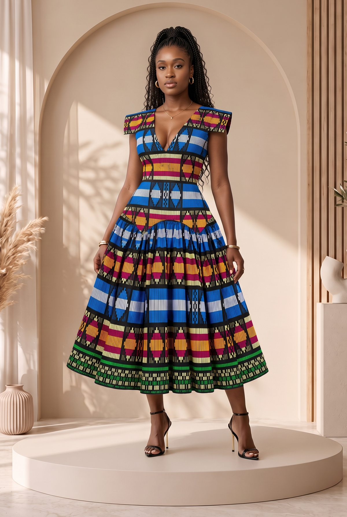 A woman models a vibrant, multicolored African print midi dress with a deep V-neckline and cap sleeves, standing on a round beige platform in a warm, sunlit studio setting.