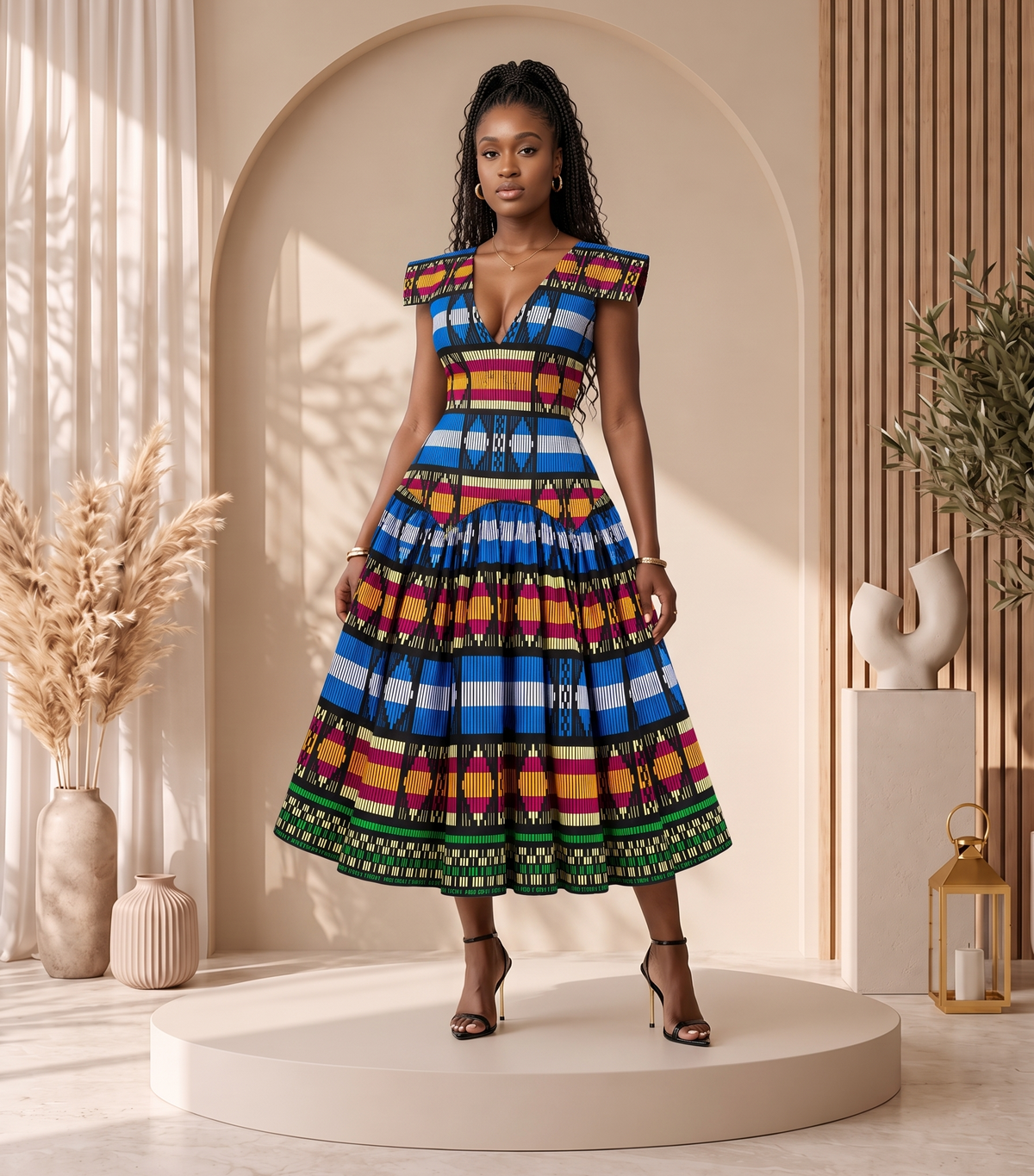 A woman models a vibrant, multicolored African print midi dress with a deep V-neckline and cap sleeves, standing on a round beige platform in a warm, sunlit studio setting.