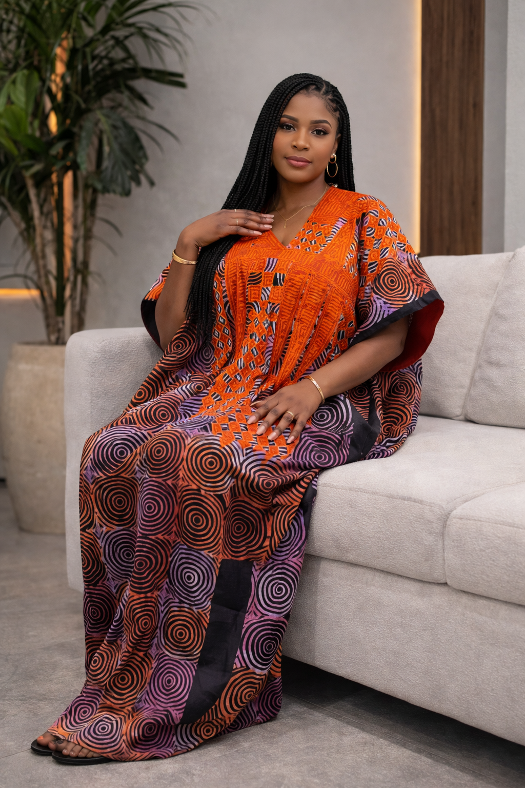 Woman in an orange and patterned outfit sitting on a couch with a plant in the background