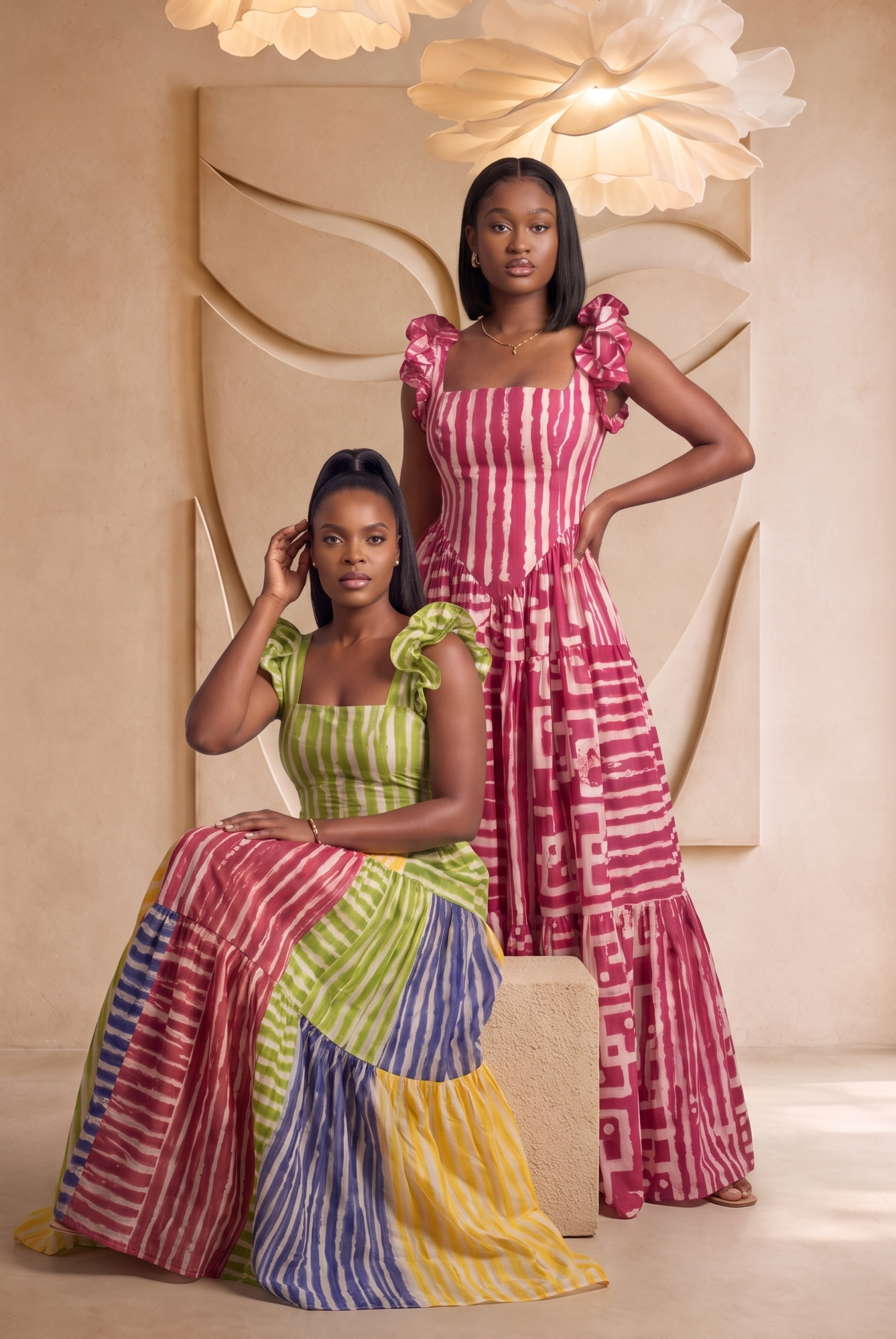 Two women in colorful dresses posing in a stylish interior setting with floral lights. Woman wearing a colorful patchwork dress in an elegant indoor setting. African print maxi dress from CUMO London, trendy African clothing, summer outfits perfect for summer. Tiered maxi dress handmade with Adire