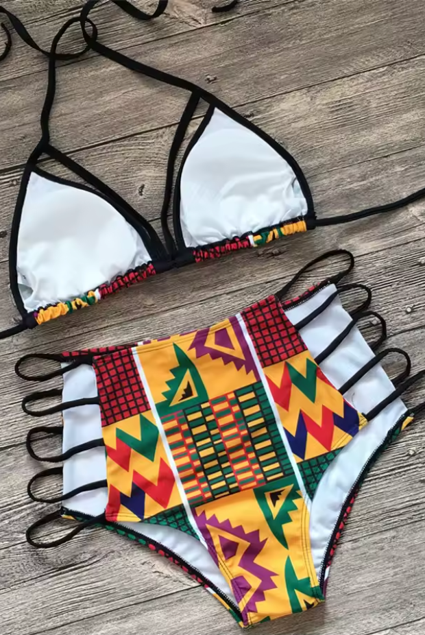 Trendy African print swimwear | 2pc Swimwear made with kente prints | Ankara swimsuit for women | ethnic swim suits | tribal beachwear | Tribal swimwear | bathing suit made with African print kente | swimsuit handmade with kente african print | ethnic swimming costume | African print swimming costume