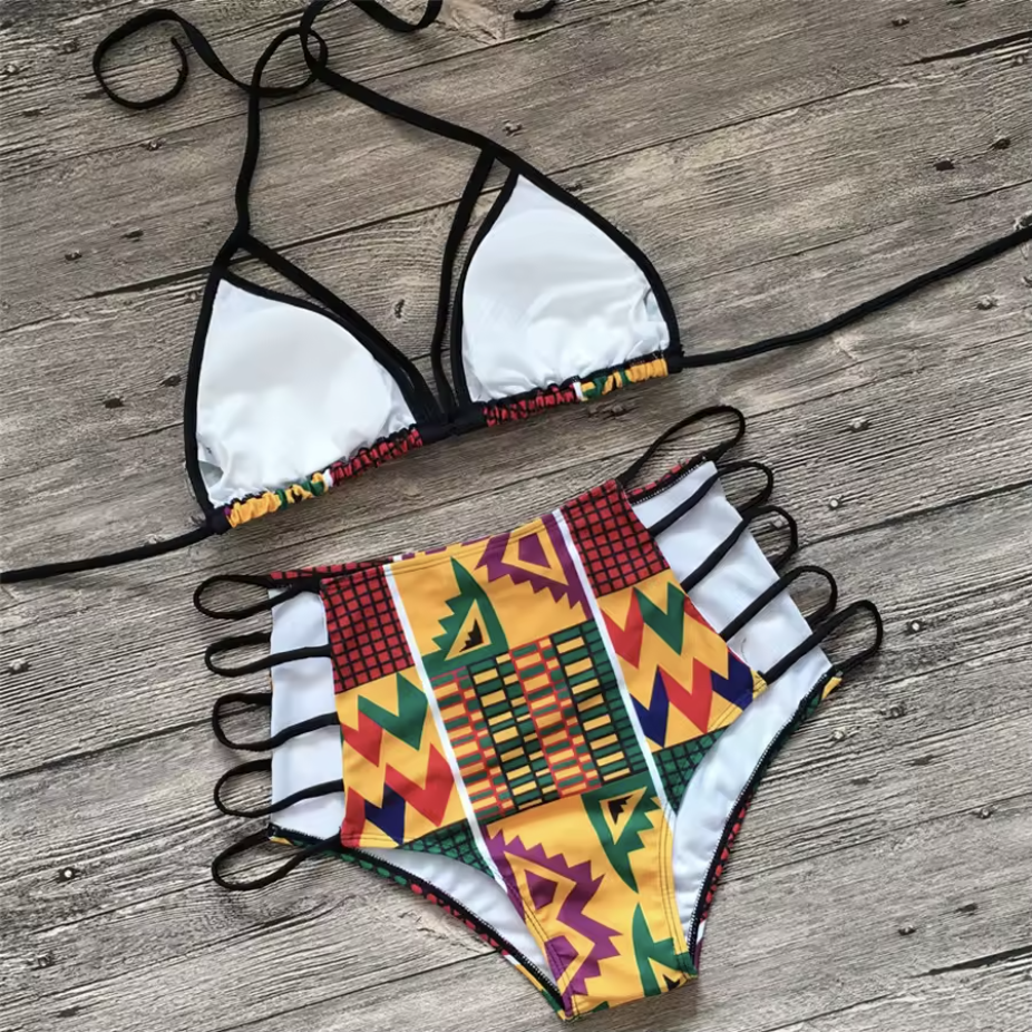 Trendy African print swimwear | 2pc Swimwear made with kente prints | Ankara swimsuit for women | ethnic swim suits | tribal beachwear | Tribal swimwear | bathing suit made with African print kente | swimsuit handmade with kente african print | ethnic swimming costume | African print swimming costume