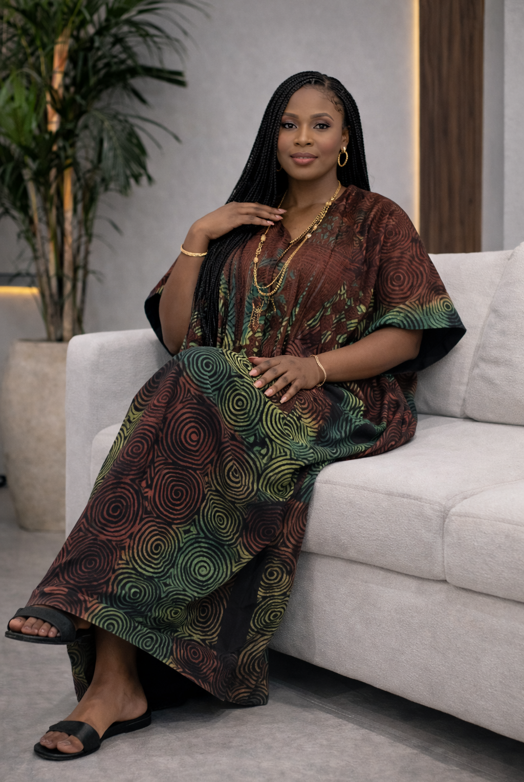 Woman in a patterned dress sitting on a couch with a plant in the background