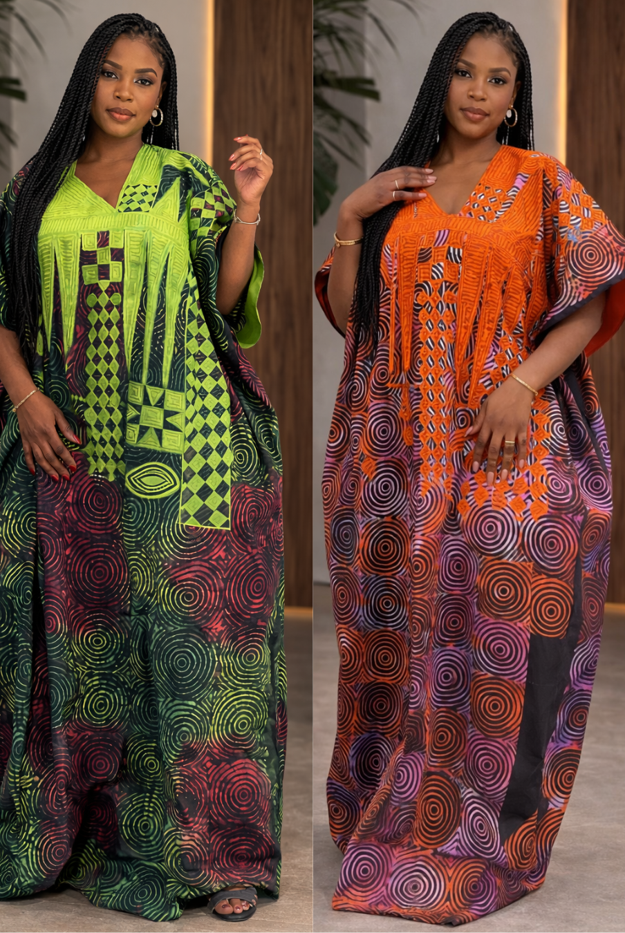Two women wearing colorful patterned kaftans against a neutral background