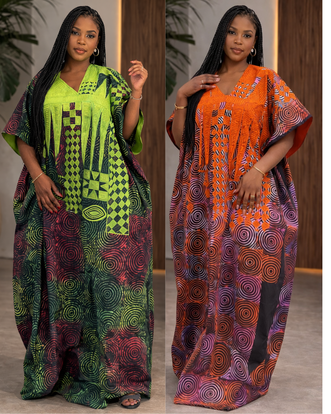 Two women wearing colorful patterned kaftans against a neutral background