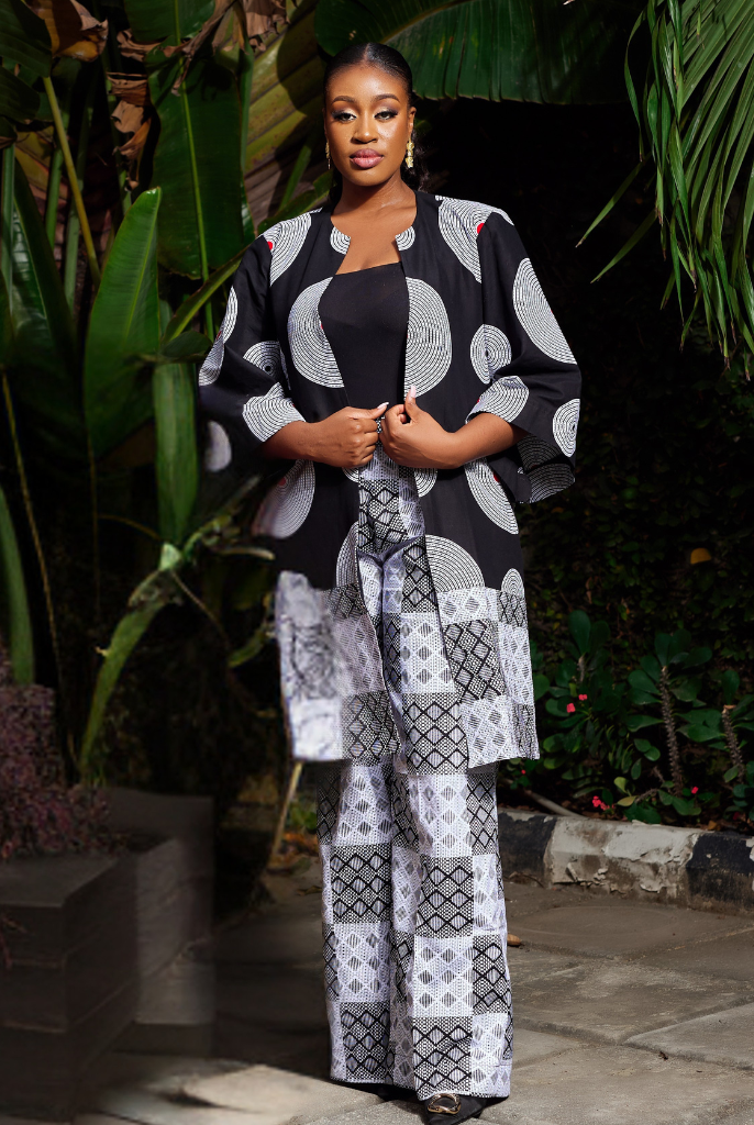 African Print outerwear | African print Jacket | Ankara kimono with headwrap| African Print Outerwear | Fall Fashion for African women | sustainable African Fashion | recycled African print clothing | Ethically sourced fashion | ethically sourced clothing | handmade clothing | African clothing for women | Ankara jacket | Tribal prints kimono | Floral African print clothing | Cotton Blazer | African print workwear | African clothing UK | Black-owned fashion brand | Kimono and Shorts set
