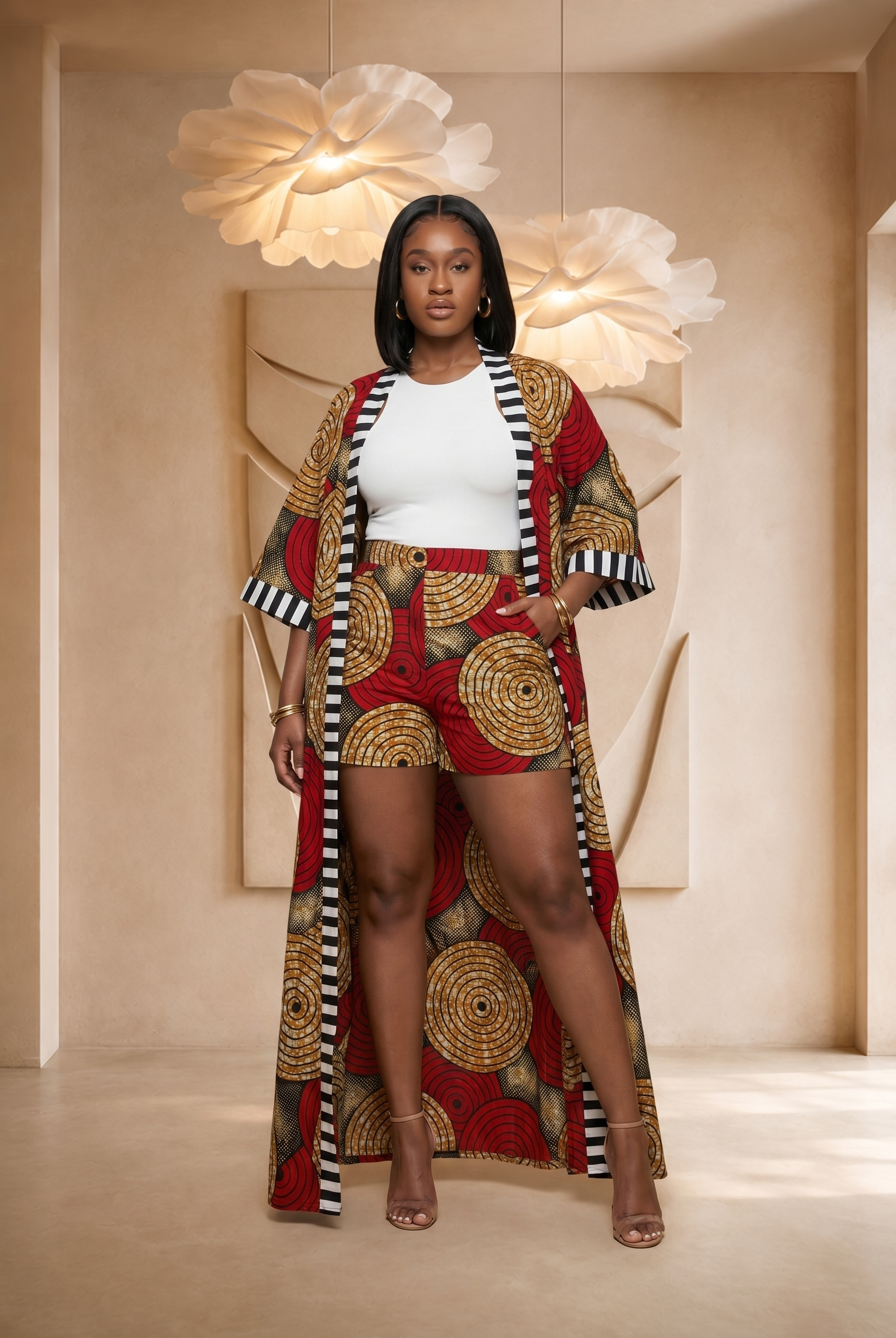 African print kimono set, women’s summer co-ord, Ankara kimono outfit, luxury African fashion UK, colourful summer outfit, African print shorts set, statement resort wear, bold women’s fashion, maxi kimono set