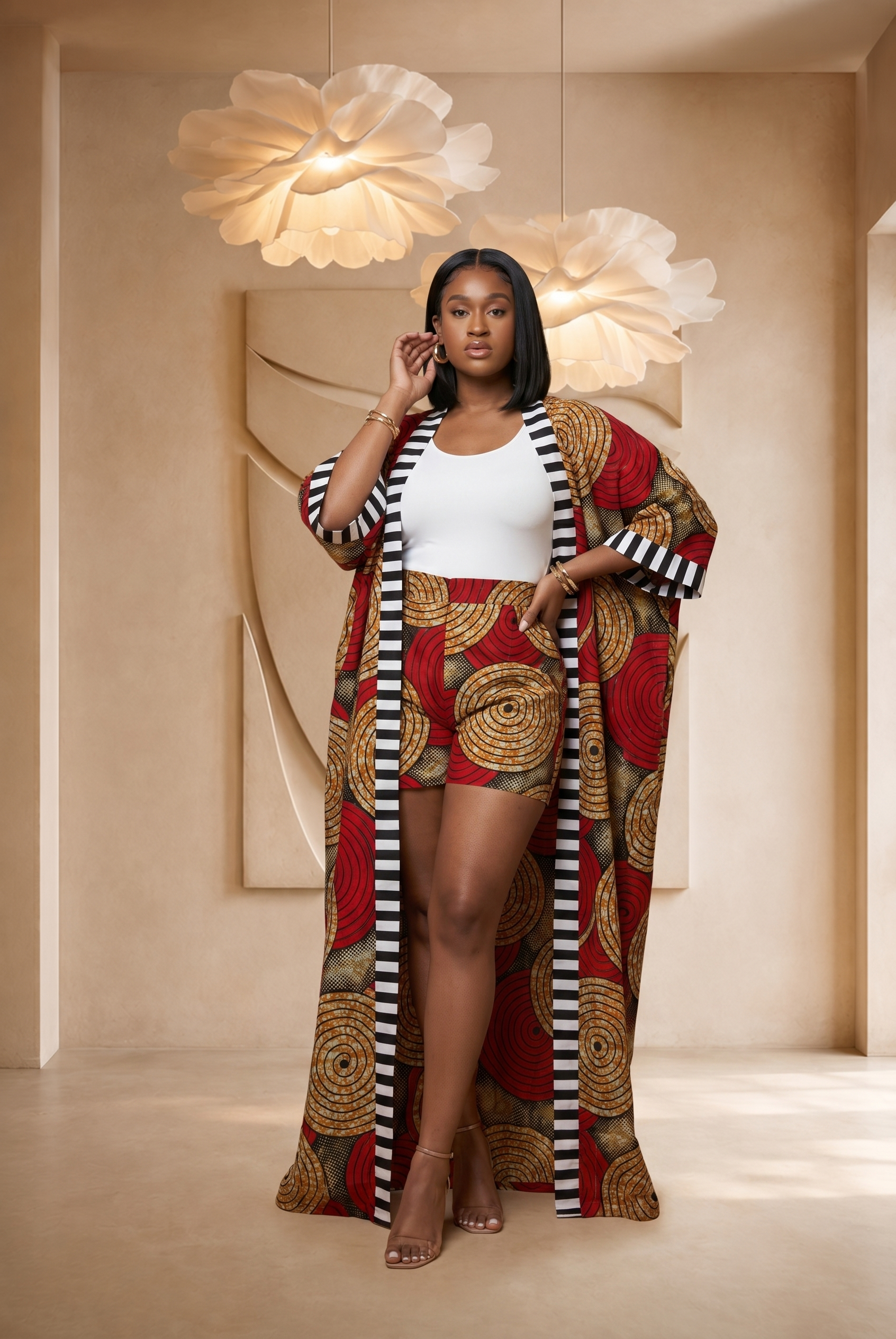 African print kimono set, women’s summer co-ord, Ankara kimono outfit, luxury African fashion UK, colourful summer outfit, African print shorts set, statement resort wear, bold women’s fashion, maxi kimono set
