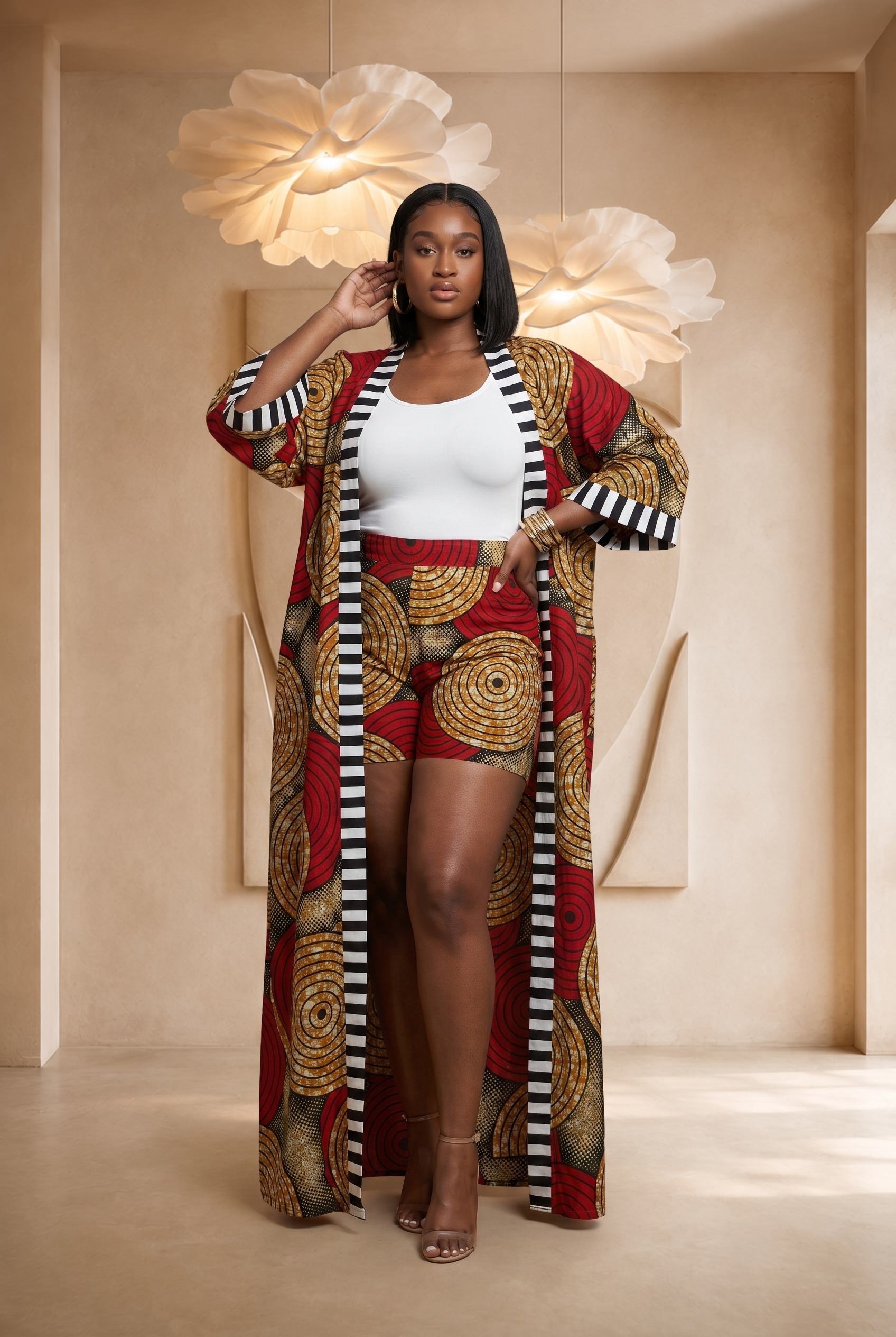 African print kimono set, women’s summer co-ord, Ankara kimono outfit, luxury African fashion UK, colourful summer outfit, African print shorts set, statement resort wear, bold women’s fashion, maxi kimono set
